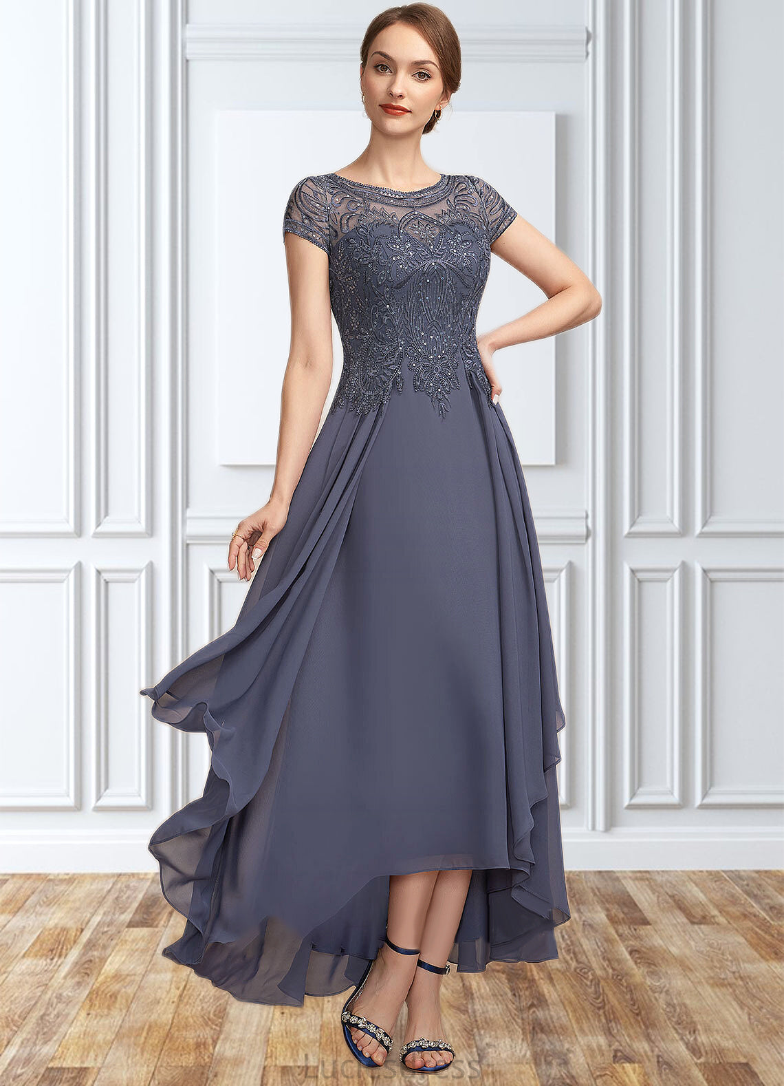 Xiomara A-Line Scoop Neck Asymmetrical Chiffon Lace Mother of the Bride Dress With Sequins HF126P0014667