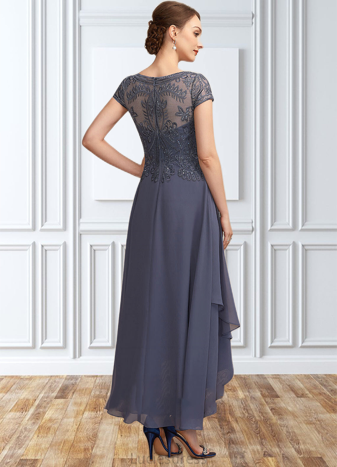 Xiomara A-Line Scoop Neck Asymmetrical Chiffon Lace Mother of the Bride Dress With Sequins HF126P0014667