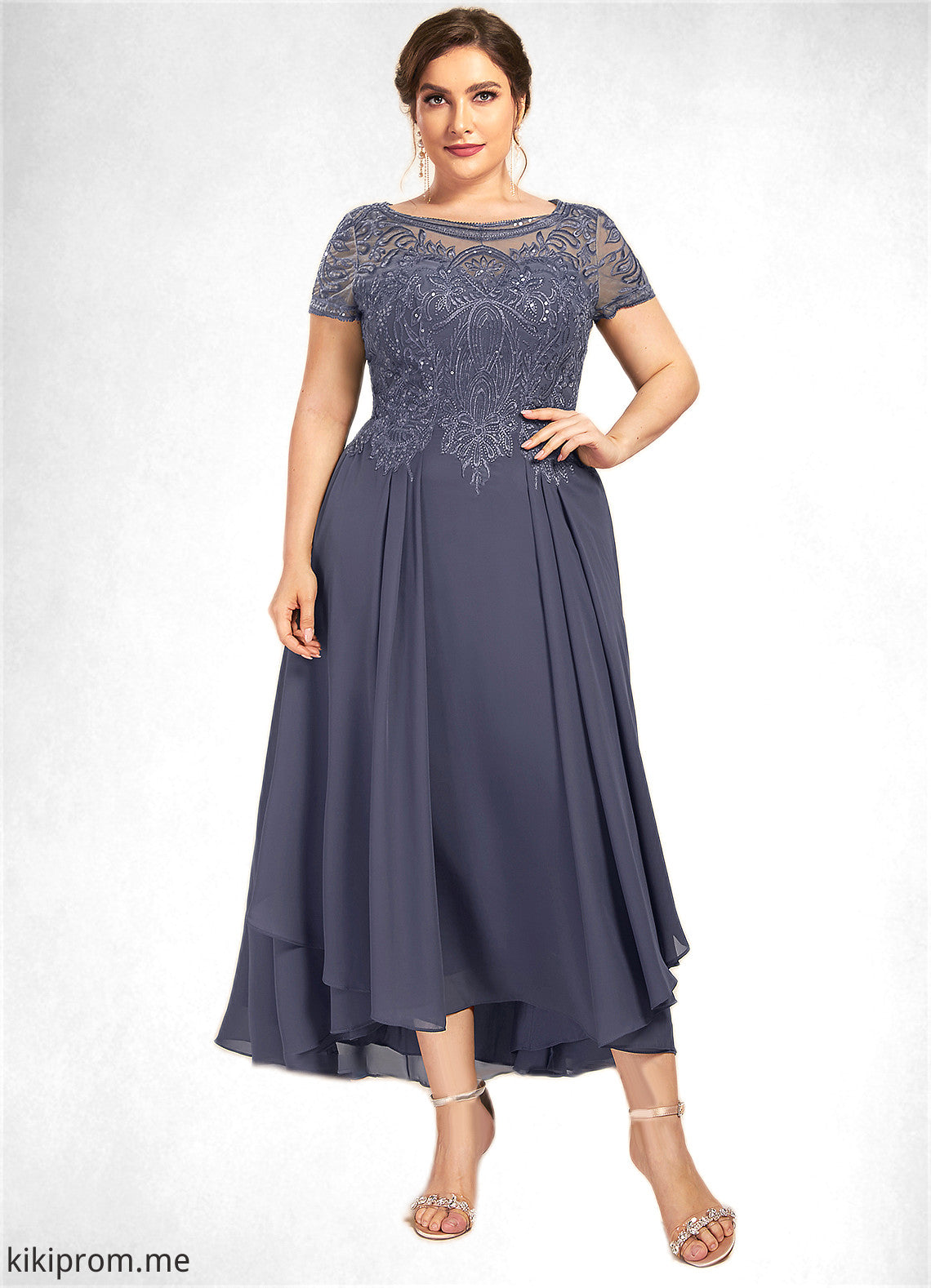 Aurora A-Line Scoop Neck Asymmetrical Chiffon Lace Mother of the Bride Dress With Sequins STF126P0014667