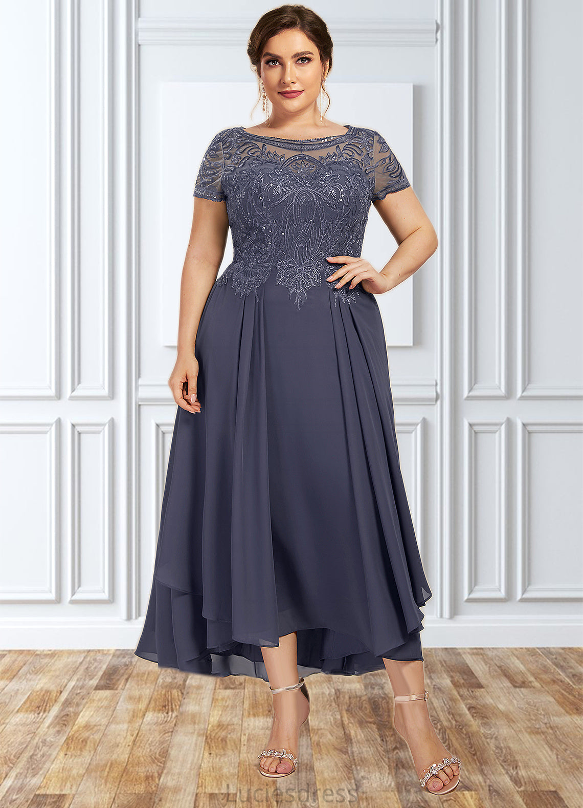 Xiomara A-Line Scoop Neck Asymmetrical Chiffon Lace Mother of the Bride Dress With Sequins HF126P0014667