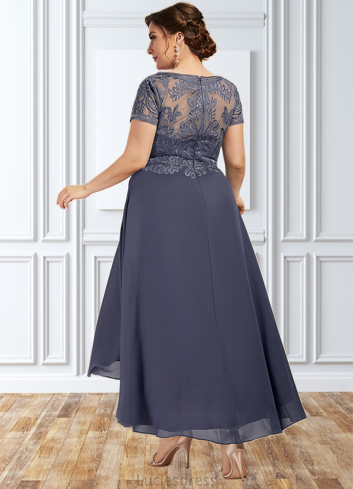 Xiomara A-Line Scoop Neck Asymmetrical Chiffon Lace Mother of the Bride Dress With Sequins HF126P0014667