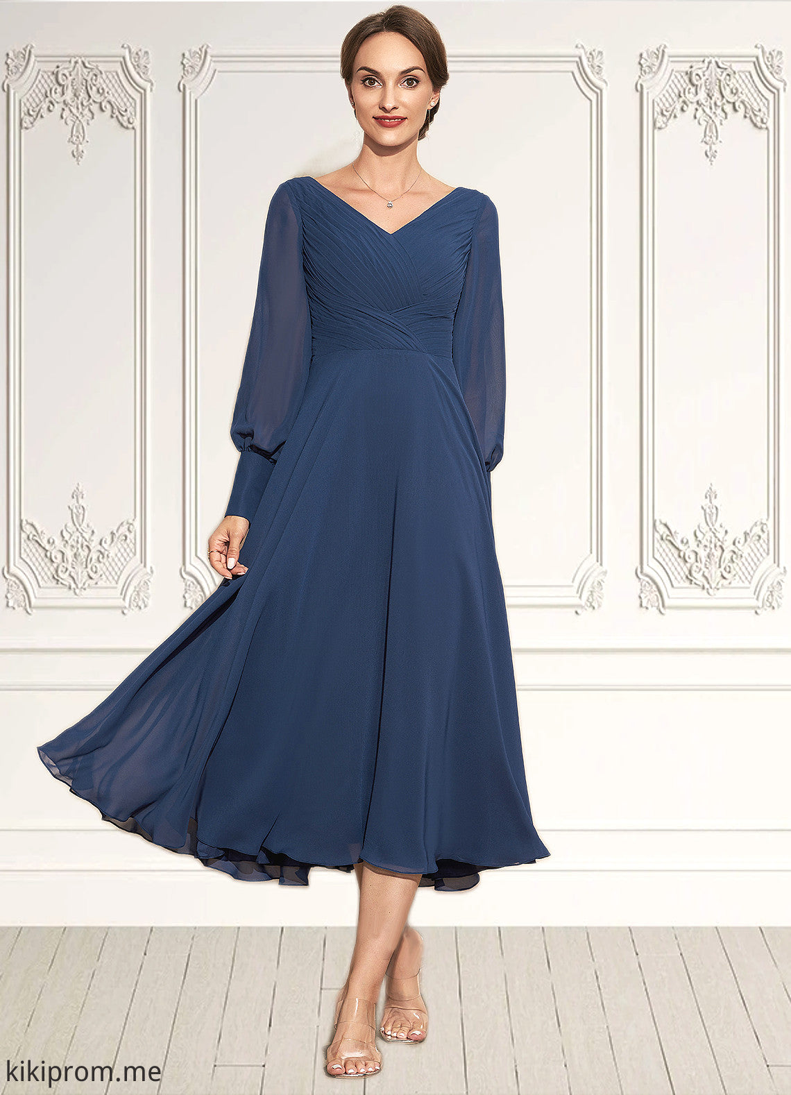 Mireya A-Line V-neck Tea-Length Chiffon Mother of the Bride Dress With Ruffle STF126P0014669