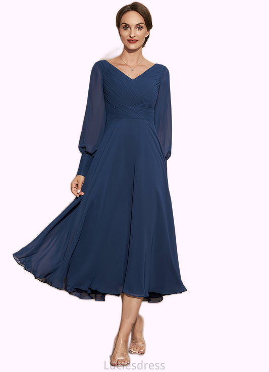 Micaela A-Line V-neck Tea-Length Chiffon Mother of the Bride Dress With Ruffle HF126P0014669