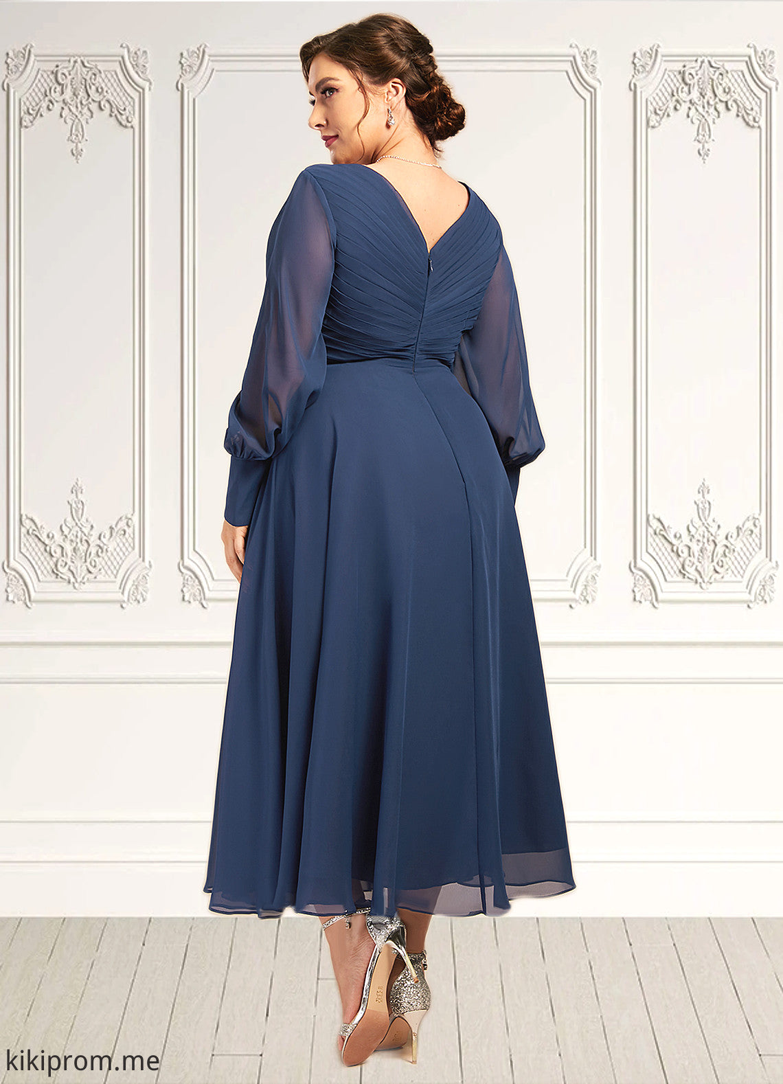 Mireya A-Line V-neck Tea-Length Chiffon Mother of the Bride Dress With Ruffle STF126P0014669