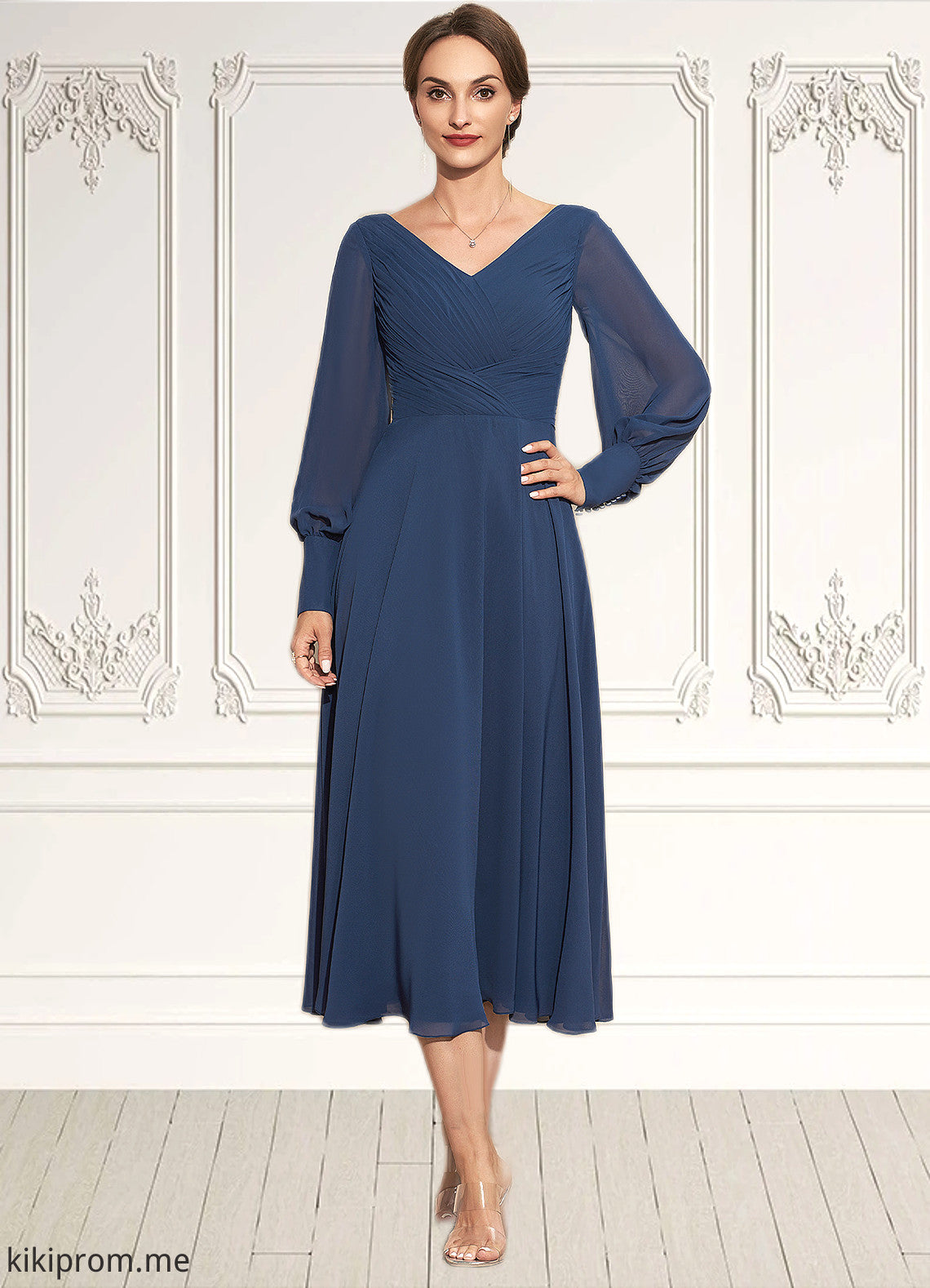 Mireya A-Line V-neck Tea-Length Chiffon Mother of the Bride Dress With Ruffle STF126P0014669