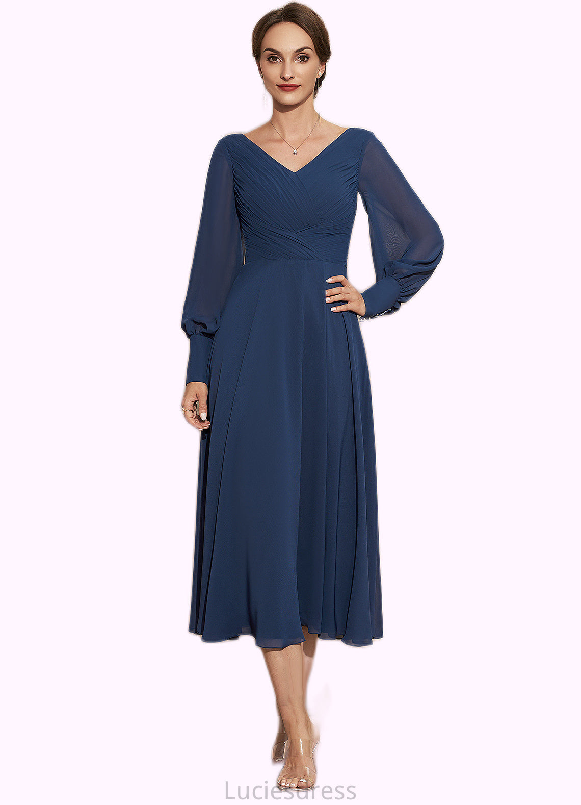 Micaela A-Line V-neck Tea-Length Chiffon Mother of the Bride Dress With Ruffle HF126P0014669