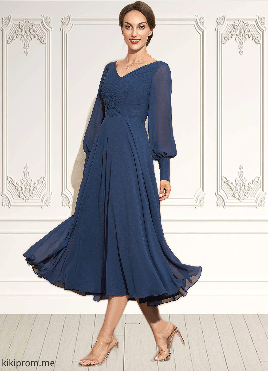 Mireya A-Line V-neck Tea-Length Chiffon Mother of the Bride Dress With Ruffle STF126P0014669