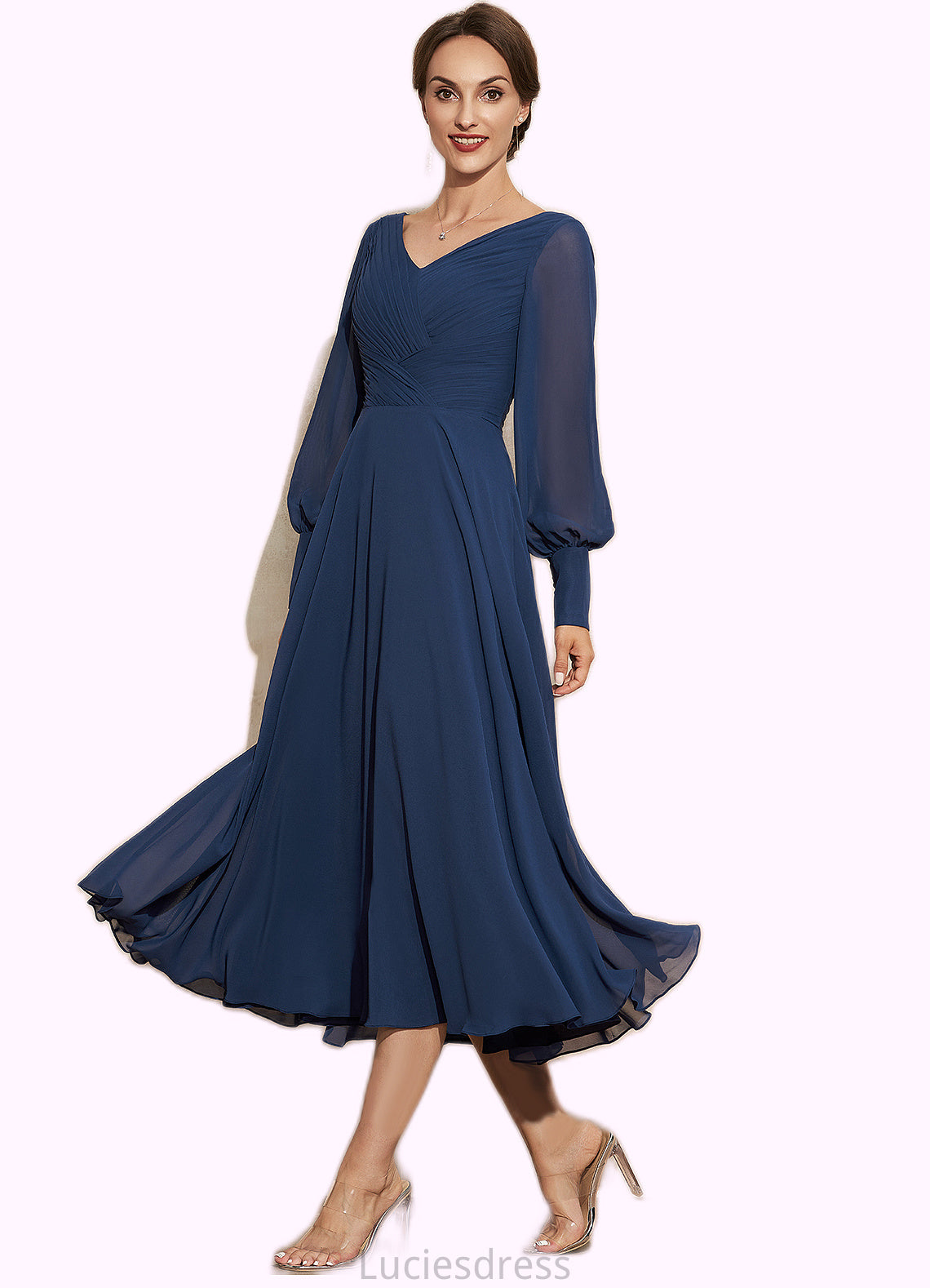 Micaela A-Line V-neck Tea-Length Chiffon Mother of the Bride Dress With Ruffle HF126P0014669