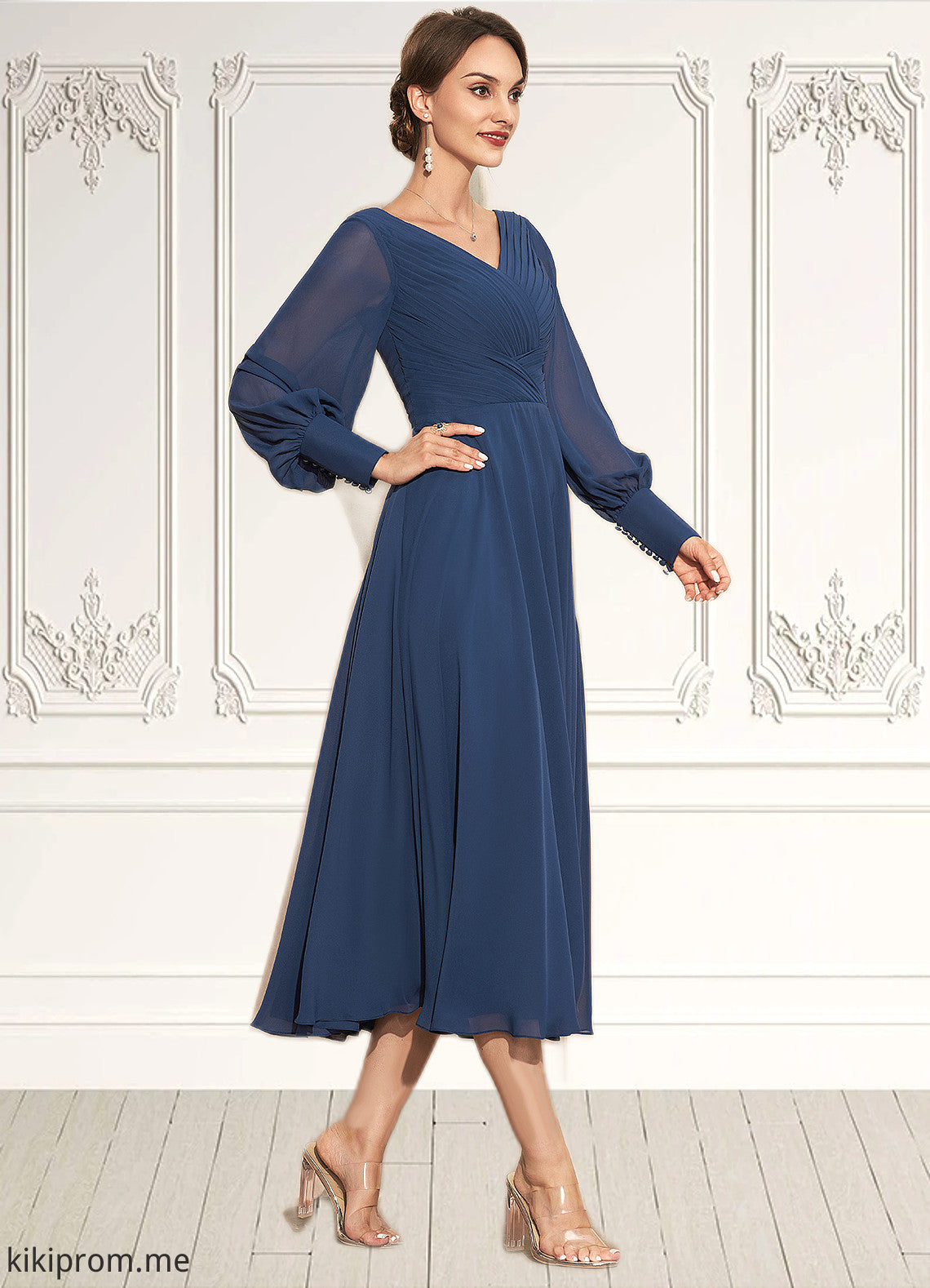 Mireya A-Line V-neck Tea-Length Chiffon Mother of the Bride Dress With Ruffle STF126P0014669