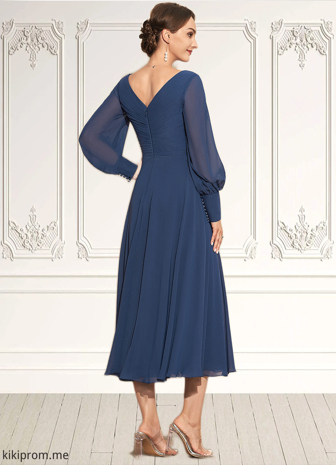 Mireya A-Line V-neck Tea-Length Chiffon Mother of the Bride Dress With Ruffle STF126P0014669