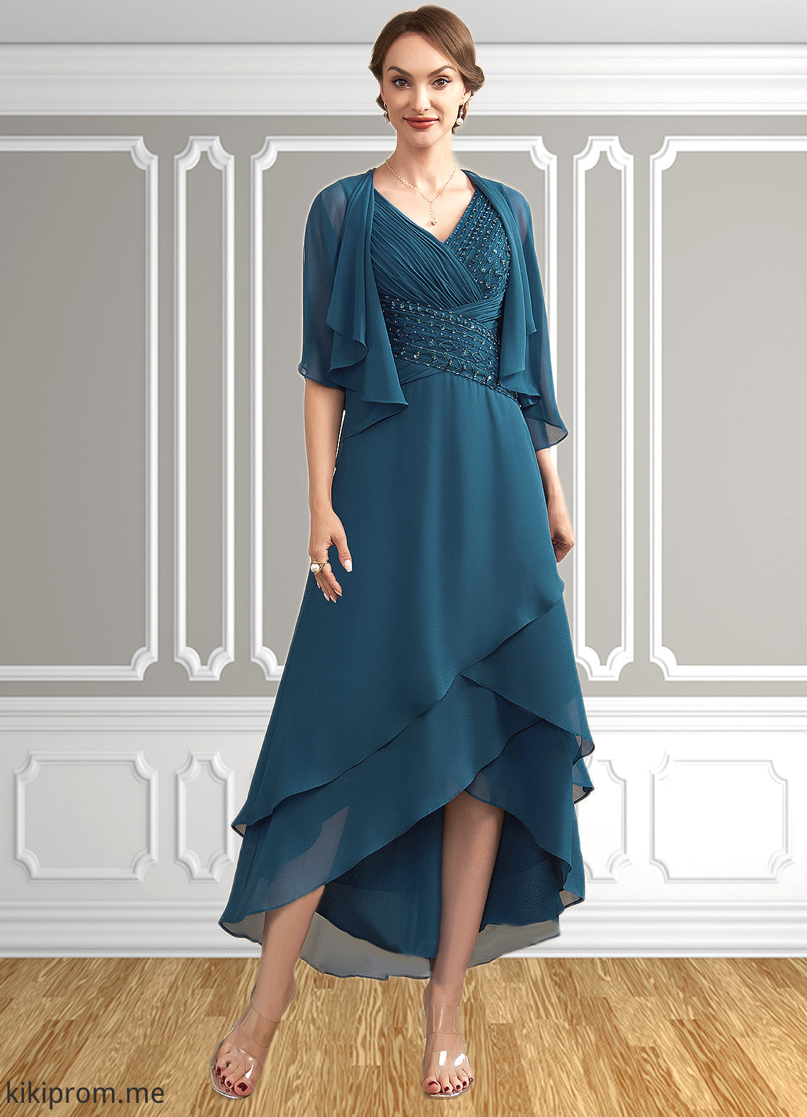 Ina A-Line V-neck Asymmetrical Chiffon Mother of the Bride Dress With Ruffle Beading Sequins STF126P0014671