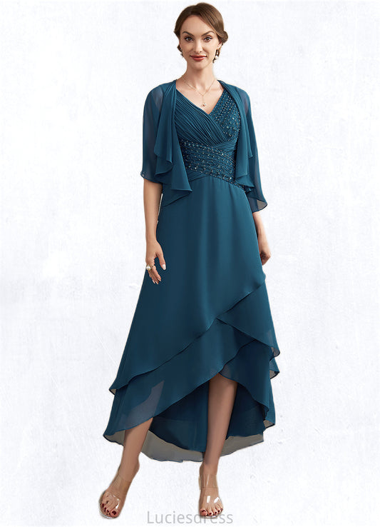 Makayla A-Line V-neck Asymmetrical Chiffon Mother of the Bride Dress With Ruffle Beading Sequins HF126P0014671