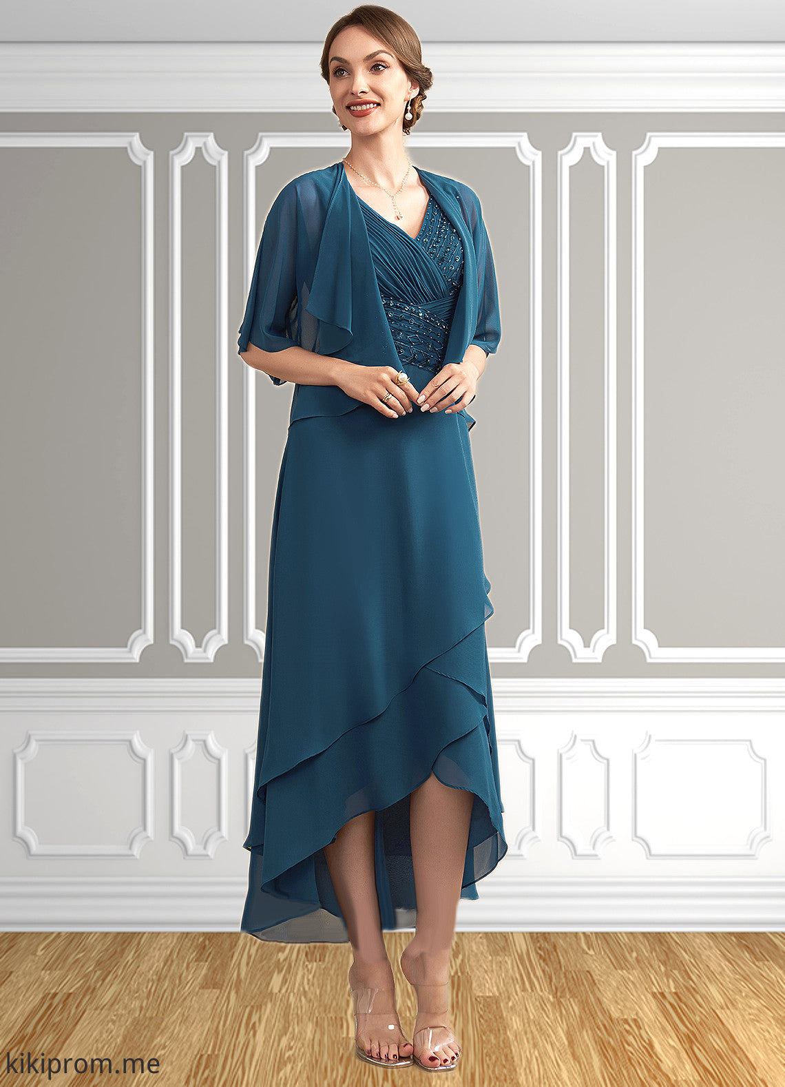 Ina A-Line V-neck Asymmetrical Chiffon Mother of the Bride Dress With Ruffle Beading Sequins STF126P0014671