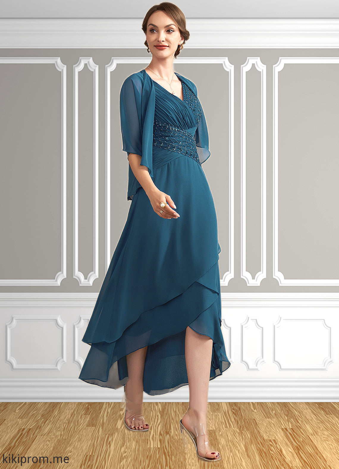 Ina A-Line V-neck Asymmetrical Chiffon Mother of the Bride Dress With Ruffle Beading Sequins STF126P0014671