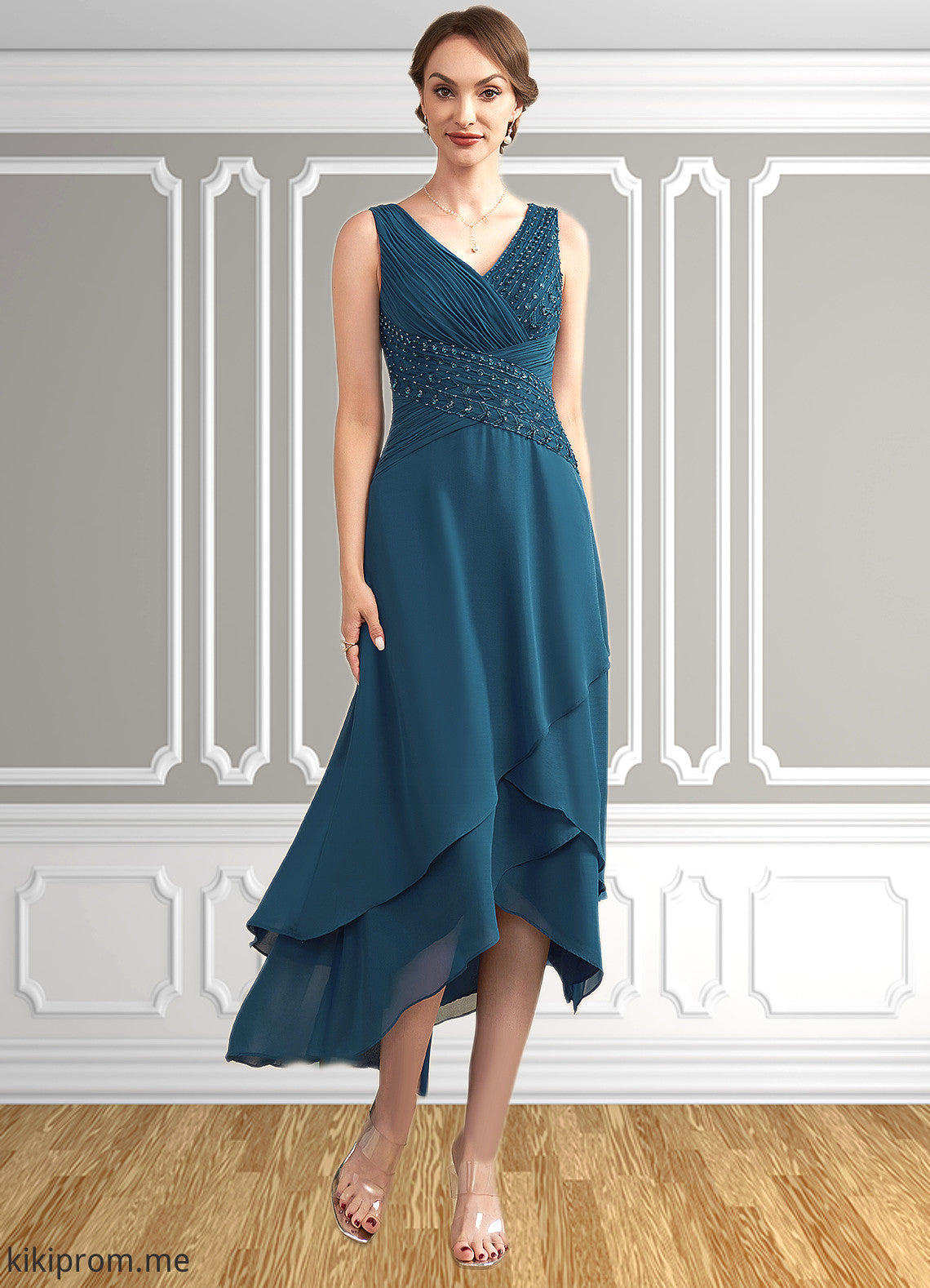 Ina A-Line V-neck Asymmetrical Chiffon Mother of the Bride Dress With Ruffle Beading Sequins STF126P0014671