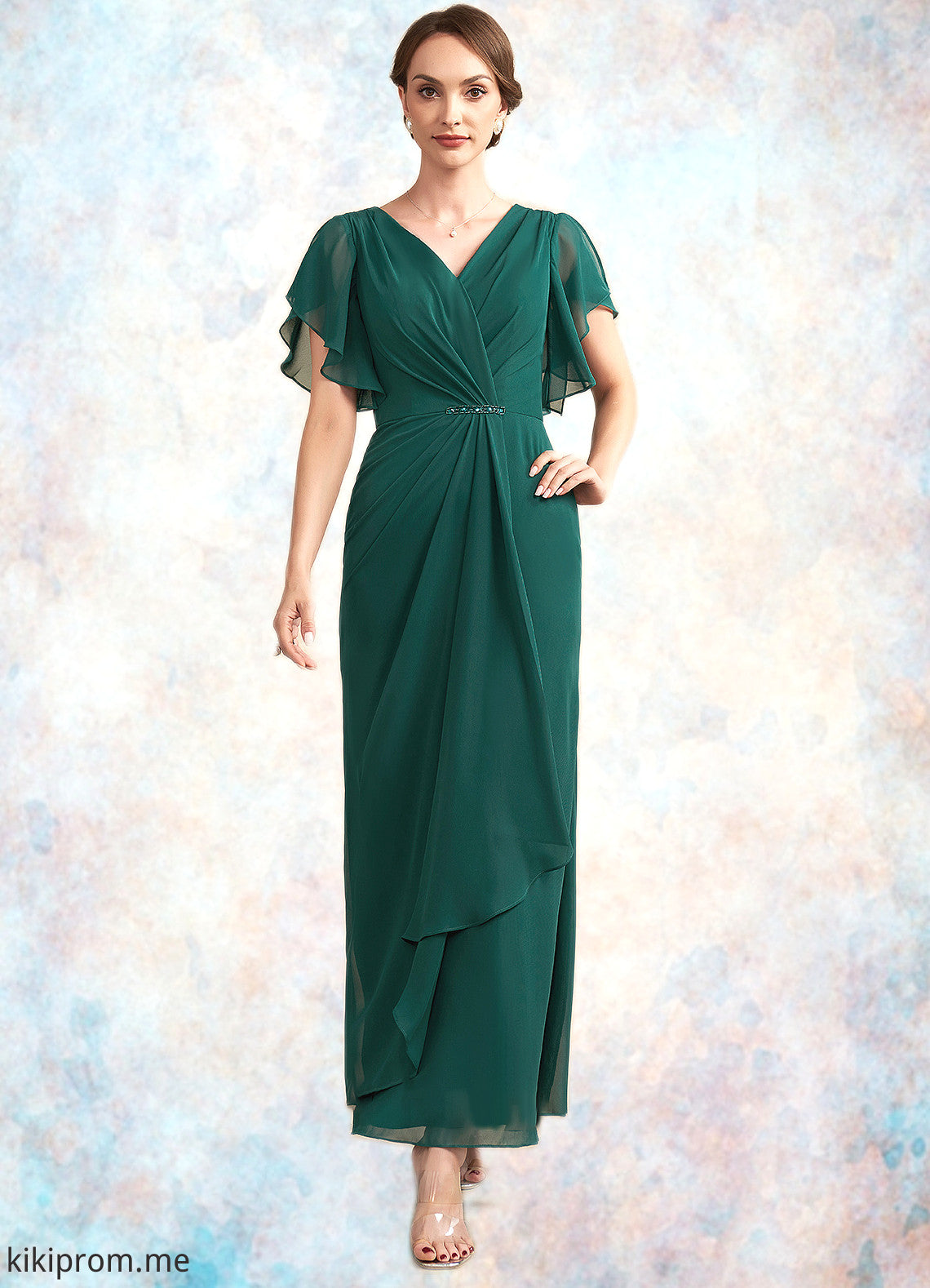 Gertie A-Line V-neck Ankle-Length Chiffon Mother of the Bride Dress With Ruffle Beading Sequins STF126P0014672