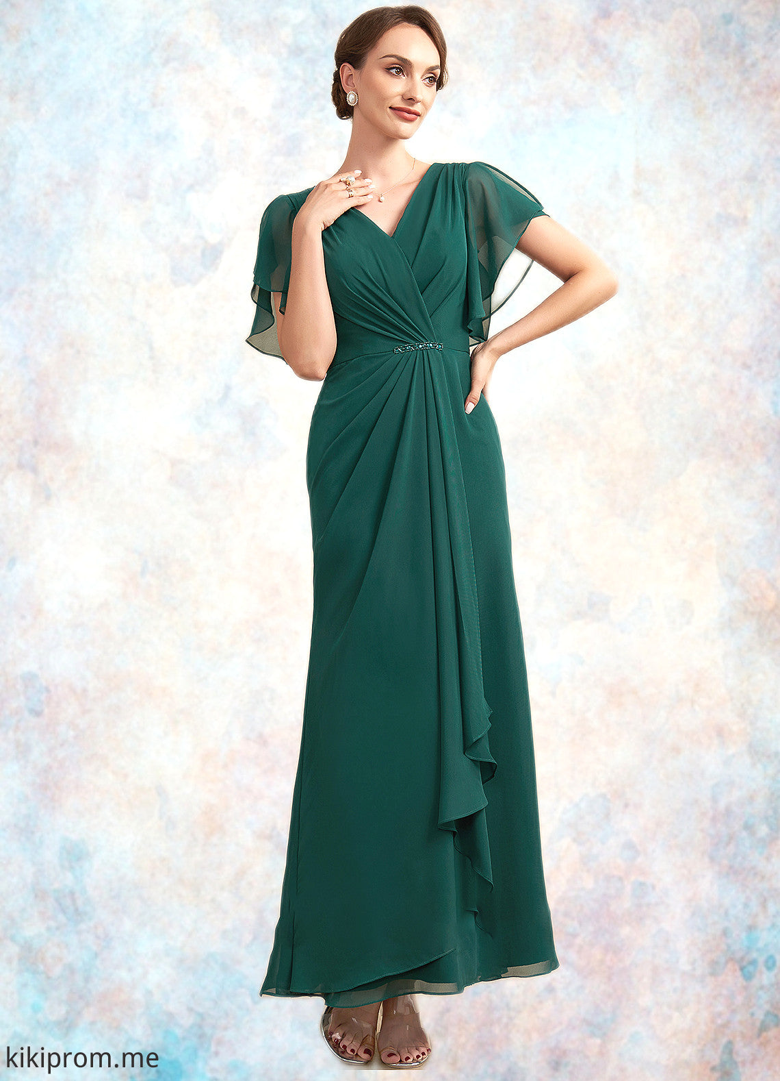 Gertie A-Line V-neck Ankle-Length Chiffon Mother of the Bride Dress With Ruffle Beading Sequins STF126P0014672