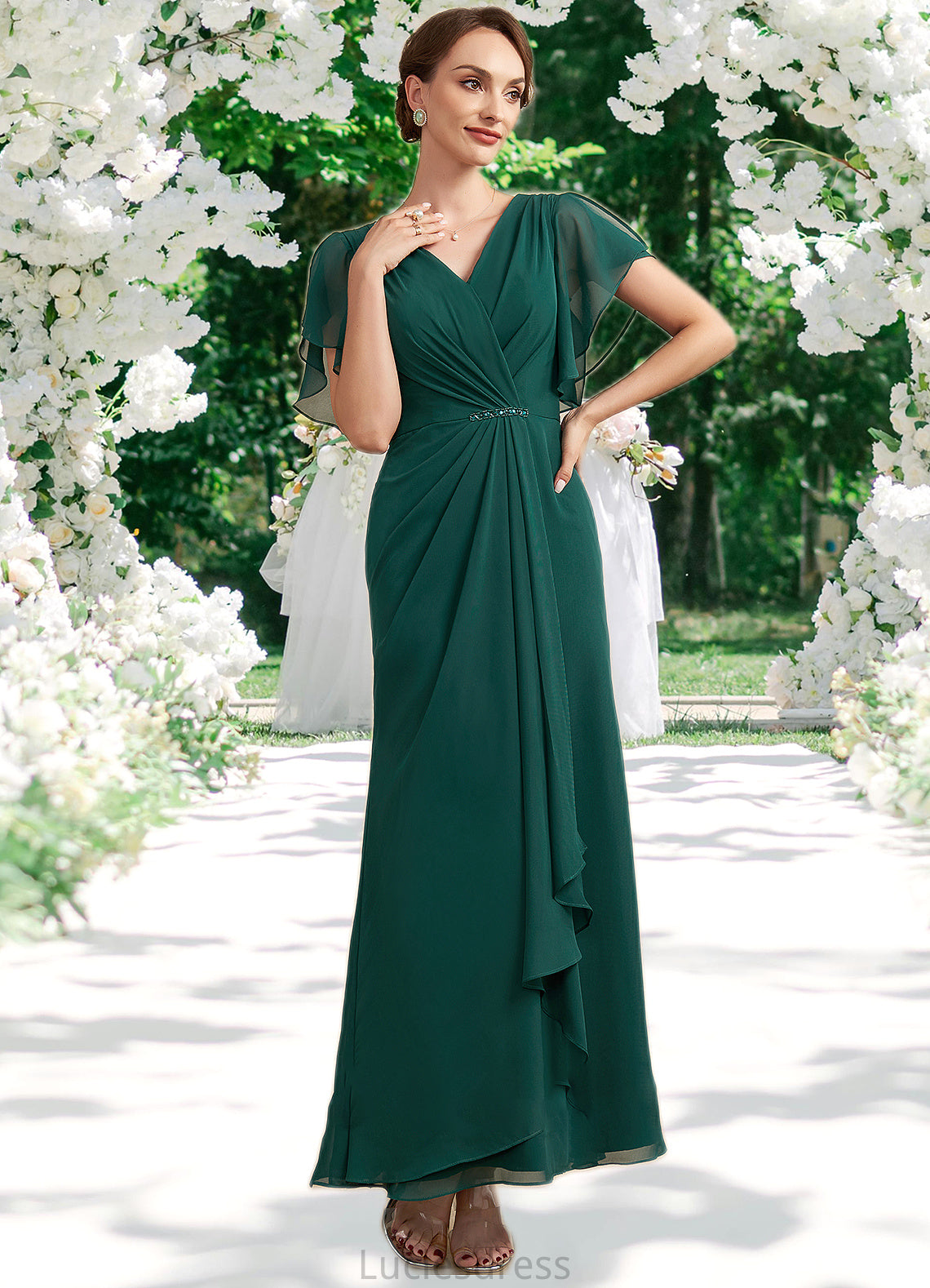 Araceli A-Line V-neck Ankle-Length Chiffon Mother of the Bride Dress With Ruffle Beading Sequins HF126P0014672