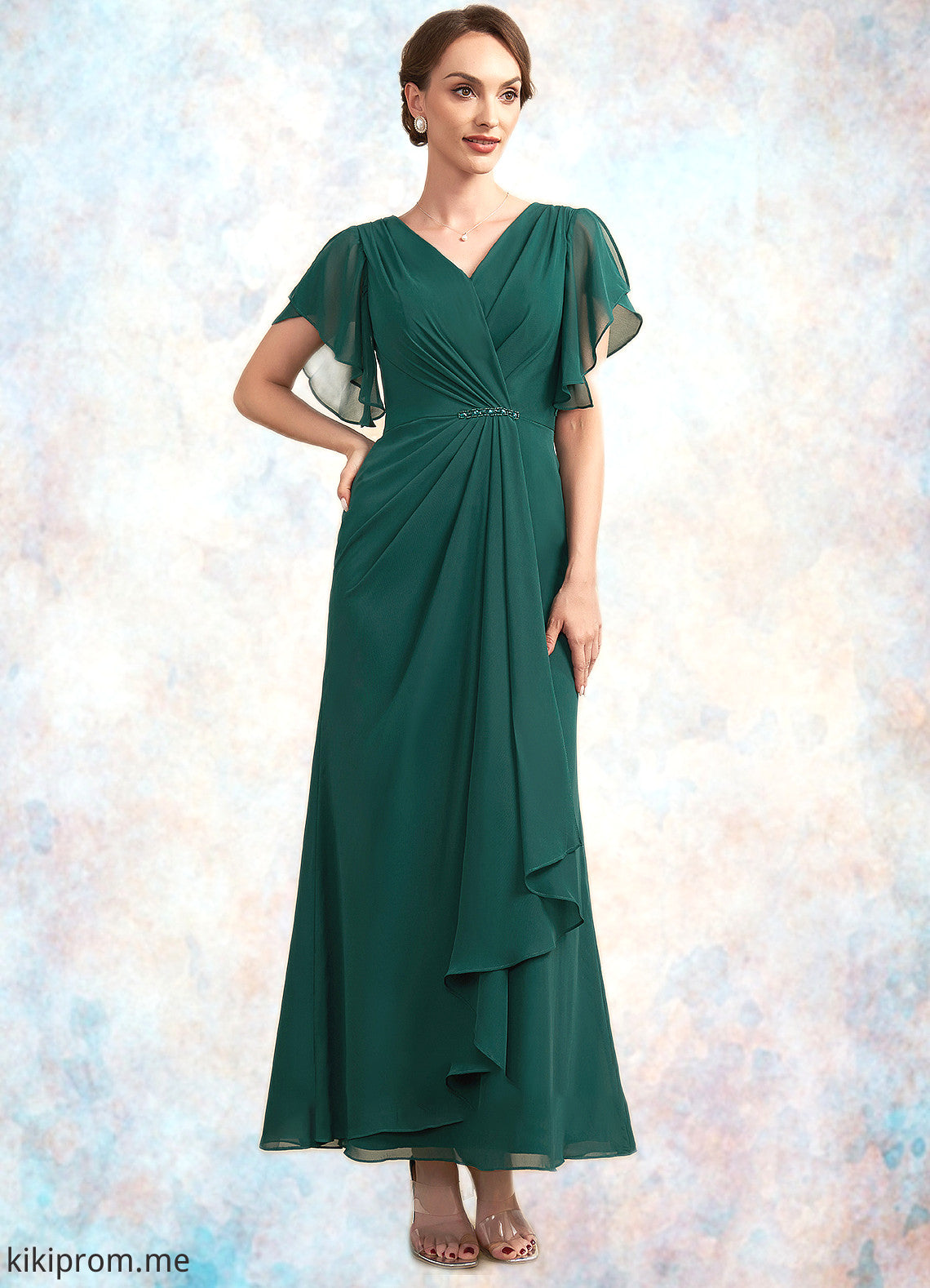 Gertie A-Line V-neck Ankle-Length Chiffon Mother of the Bride Dress With Ruffle Beading Sequins STF126P0014672