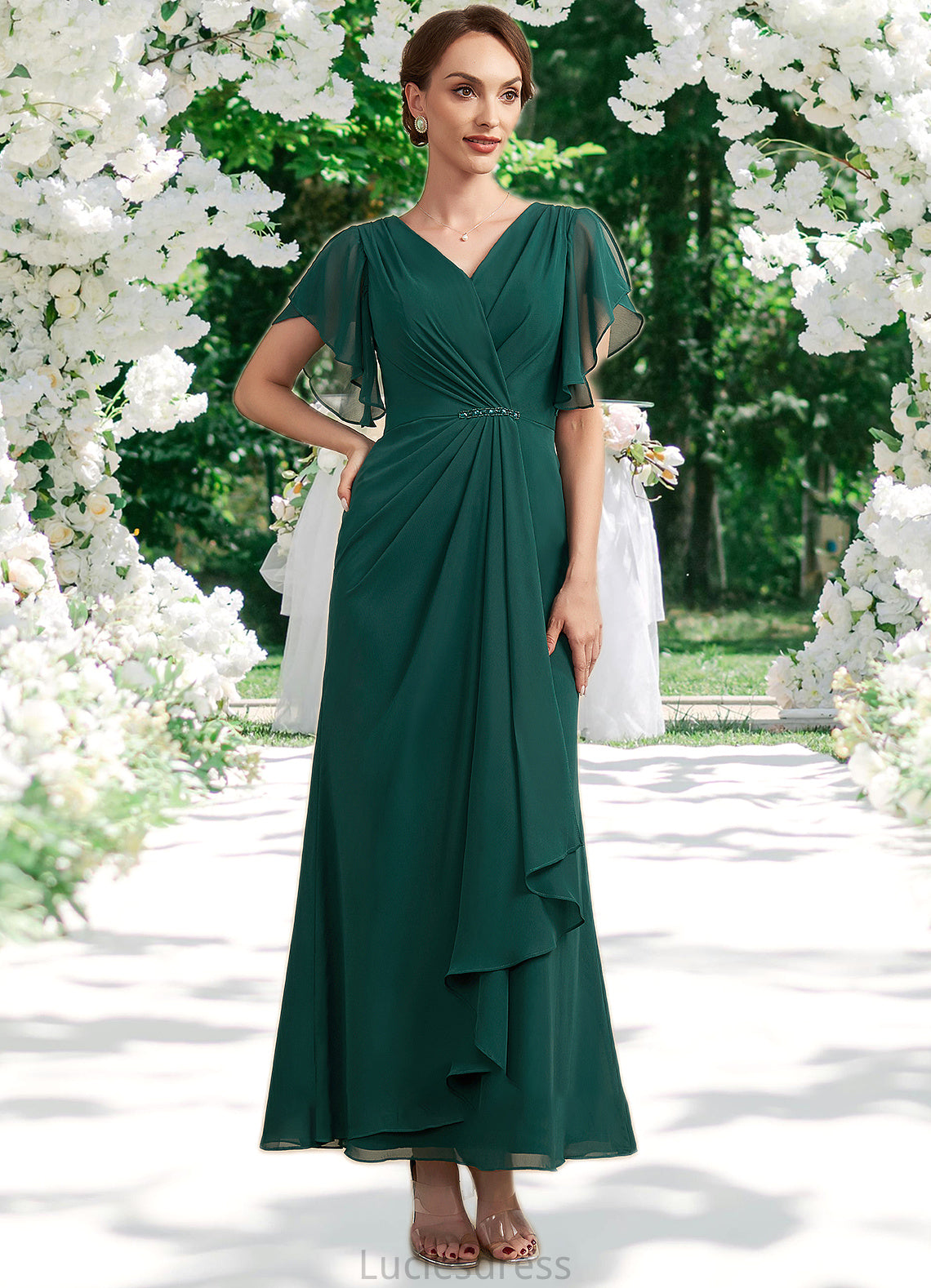 Araceli A-Line V-neck Ankle-Length Chiffon Mother of the Bride Dress With Ruffle Beading Sequins HF126P0014672