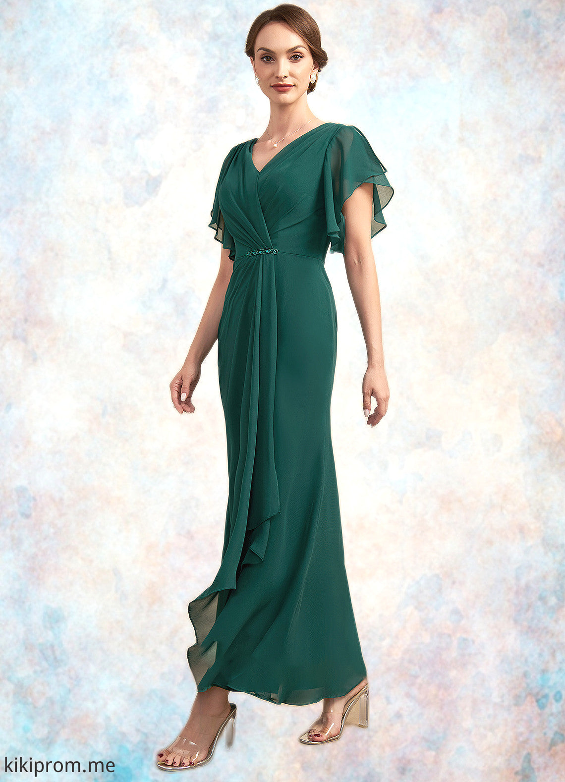 Gertie A-Line V-neck Ankle-Length Chiffon Mother of the Bride Dress With Ruffle Beading Sequins STF126P0014672