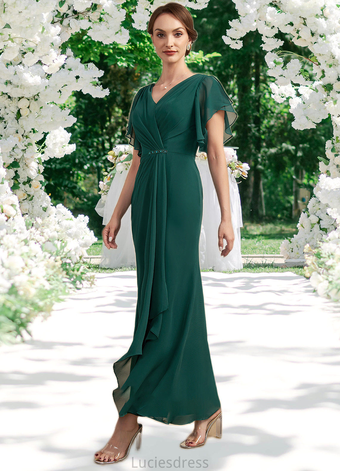 Araceli A-Line V-neck Ankle-Length Chiffon Mother of the Bride Dress With Ruffle Beading Sequins HF126P0014672