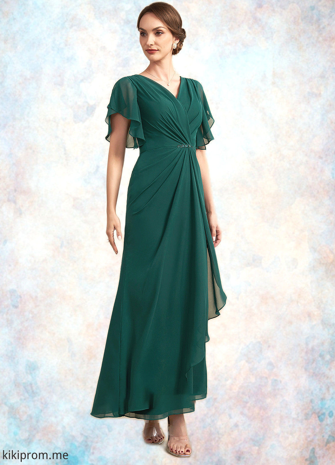 Gertie A-Line V-neck Ankle-Length Chiffon Mother of the Bride Dress With Ruffle Beading Sequins STF126P0014672