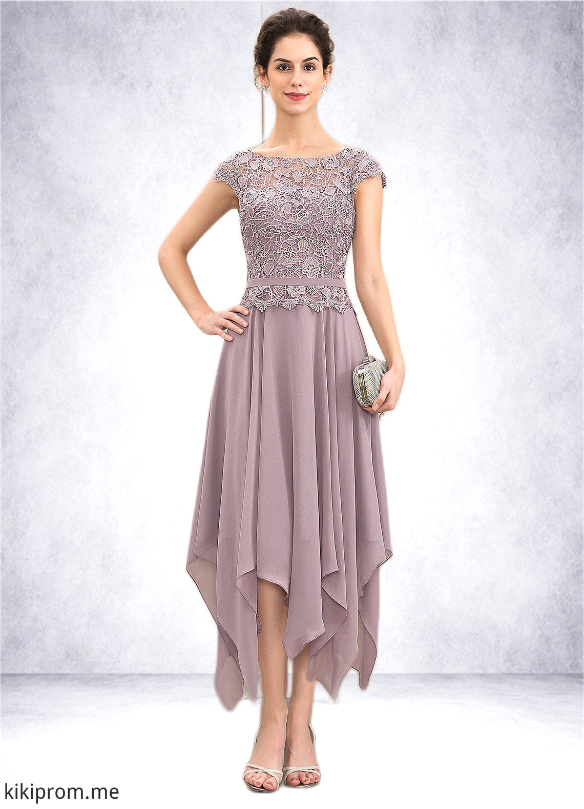 Cassidy A-Line Scoop Neck Ankle-Length Chiffon Lace Mother of the Bride Dress With Cascading Ruffles STF126P0014673