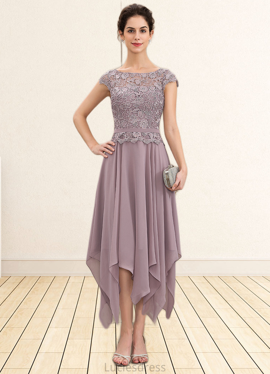 Ashlynn A-Line Scoop Neck Ankle-Length Chiffon Lace Mother of the Bride Dress With Cascading Ruffles HF126P0014673