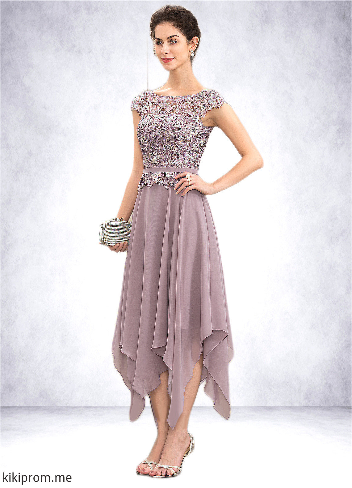 Cassidy A-Line Scoop Neck Ankle-Length Chiffon Lace Mother of the Bride Dress With Cascading Ruffles STF126P0014673