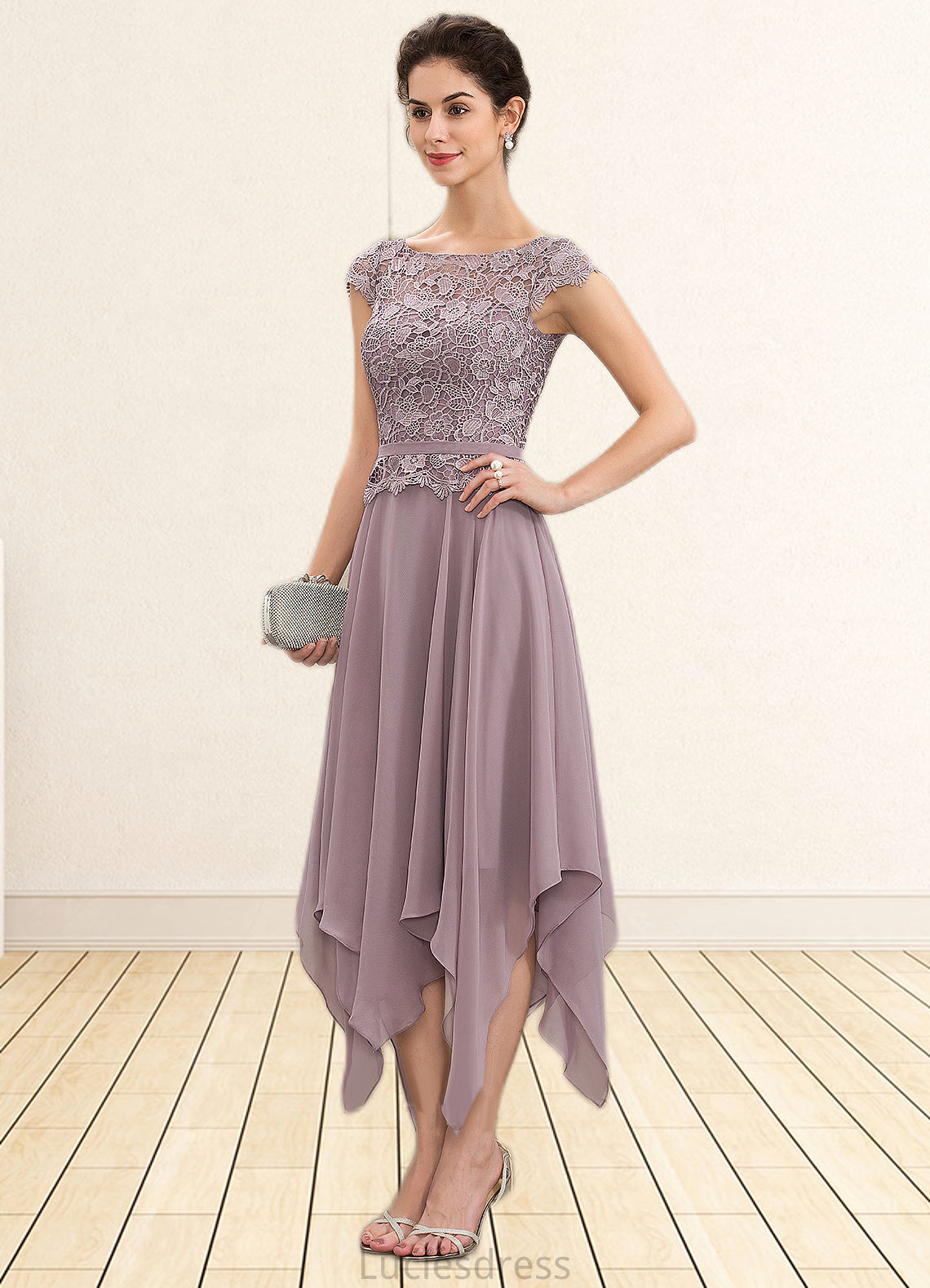 Ashlynn A-Line Scoop Neck Ankle-Length Chiffon Lace Mother of the Bride Dress With Cascading Ruffles HF126P0014673