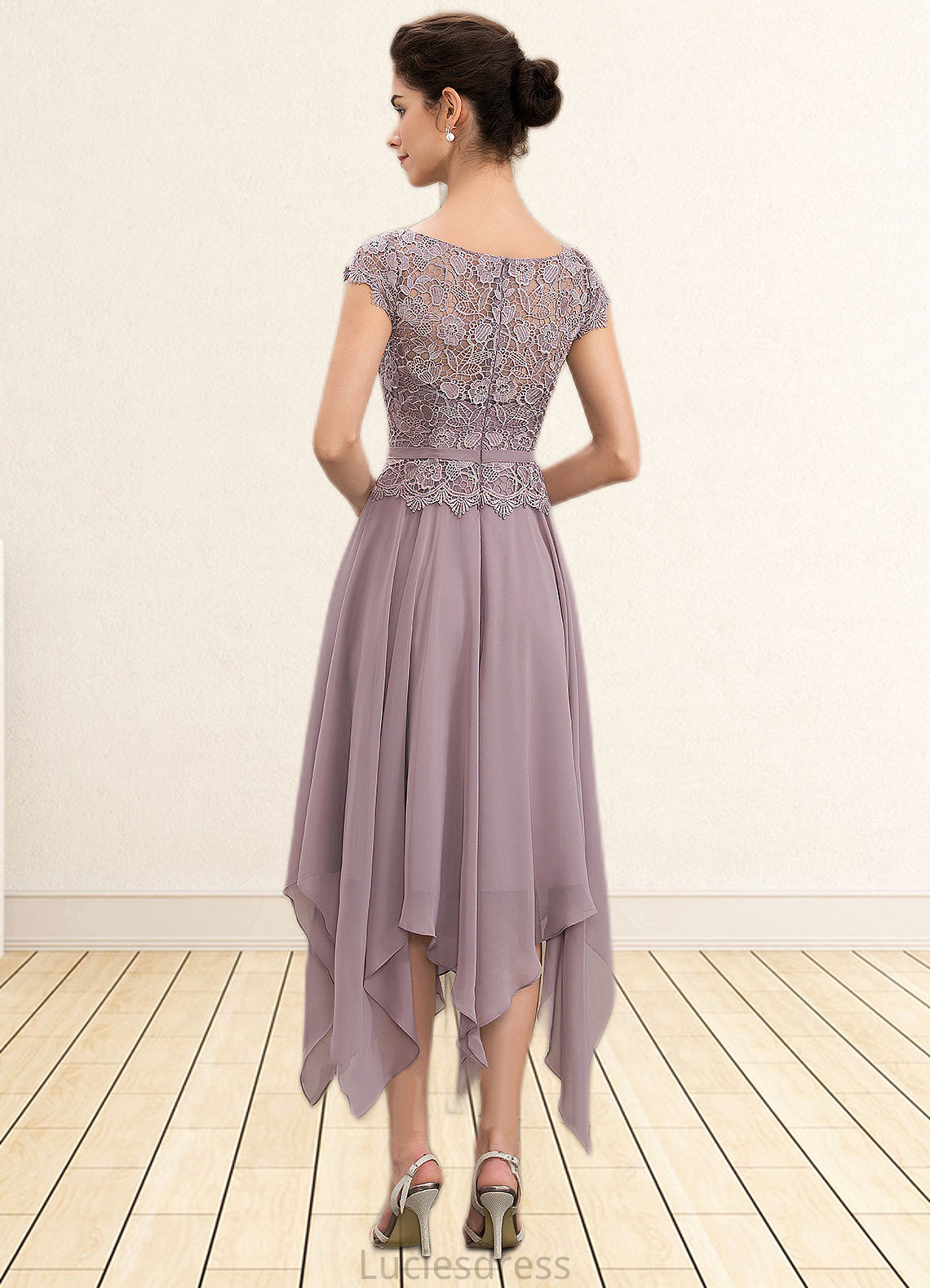 Ashlynn A-Line Scoop Neck Ankle-Length Chiffon Lace Mother of the Bride Dress With Cascading Ruffles HF126P0014673