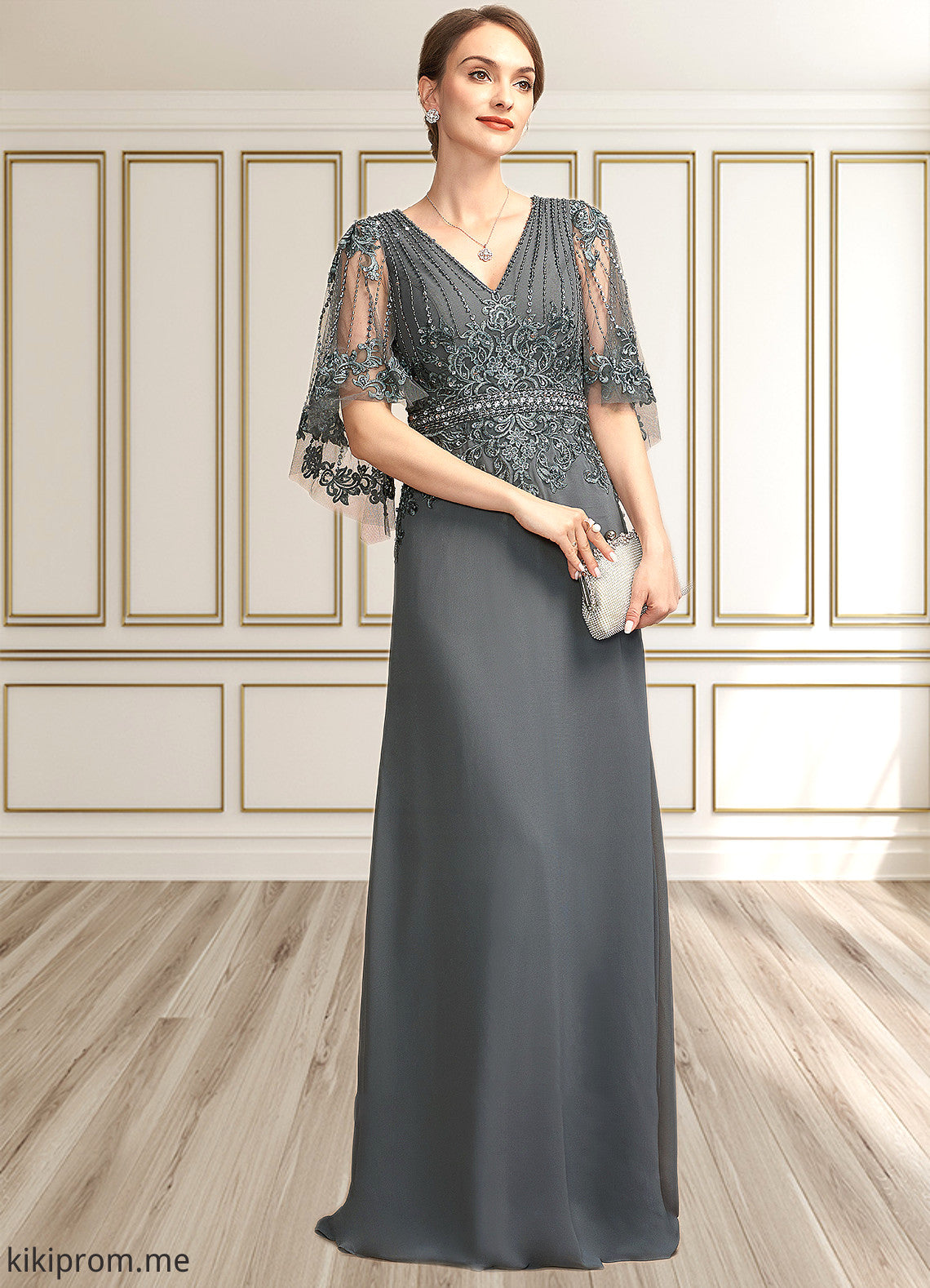 Sadie A-Line V-neck Floor-Length Chiffon Lace Mother of the Bride Dress With Beading Sequins STF126P0014674