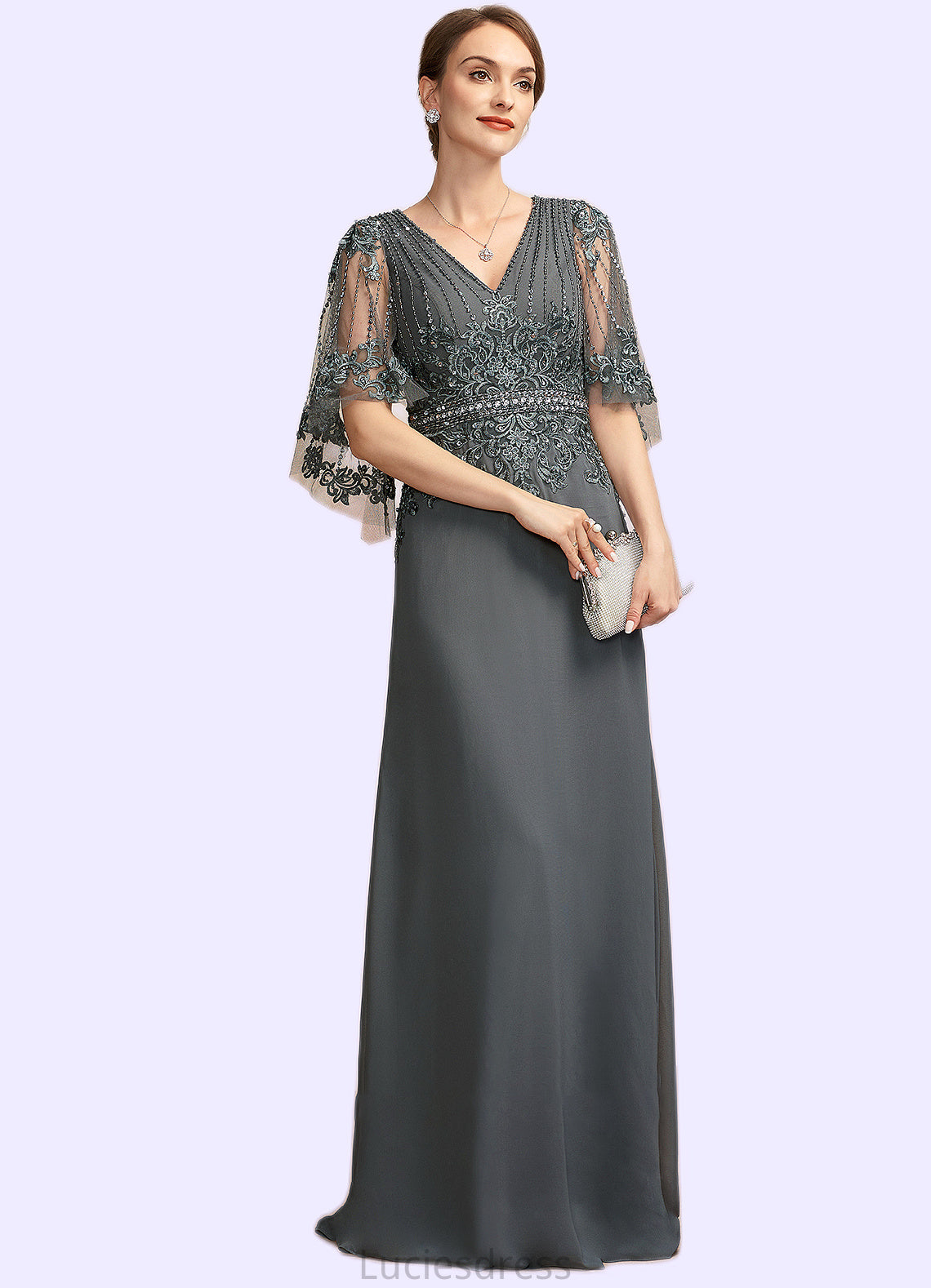 Emily A-Line V-neck Floor-Length Chiffon Lace Mother of the Bride Dress With Beading Sequins HF126P0014674