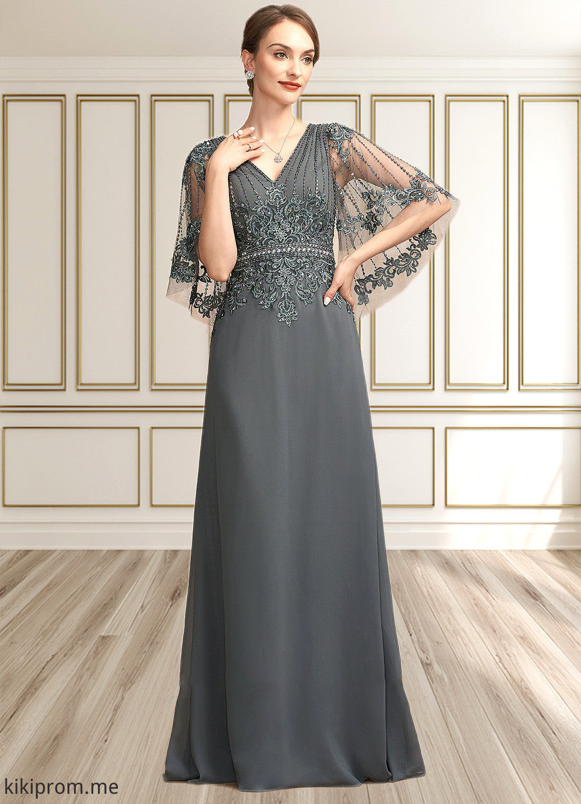 Sadie A-Line V-neck Floor-Length Chiffon Lace Mother of the Bride Dress With Beading Sequins STF126P0014674