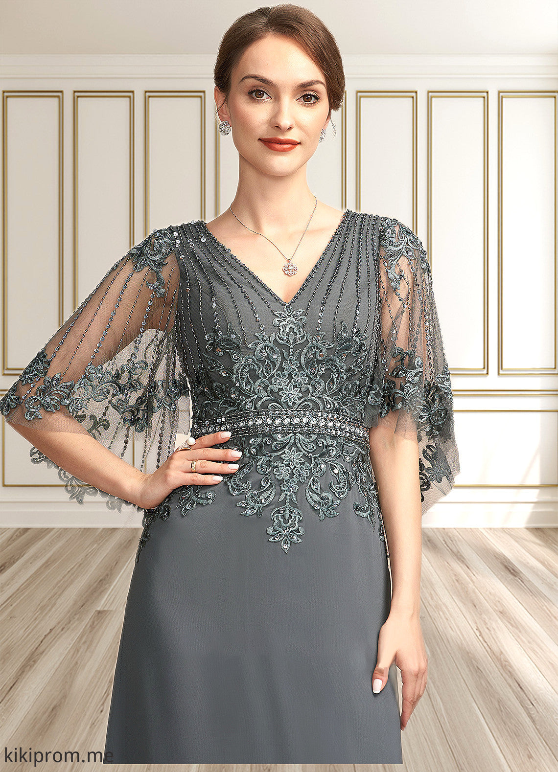 Sadie A-Line V-neck Floor-Length Chiffon Lace Mother of the Bride Dress With Beading Sequins STF126P0014674