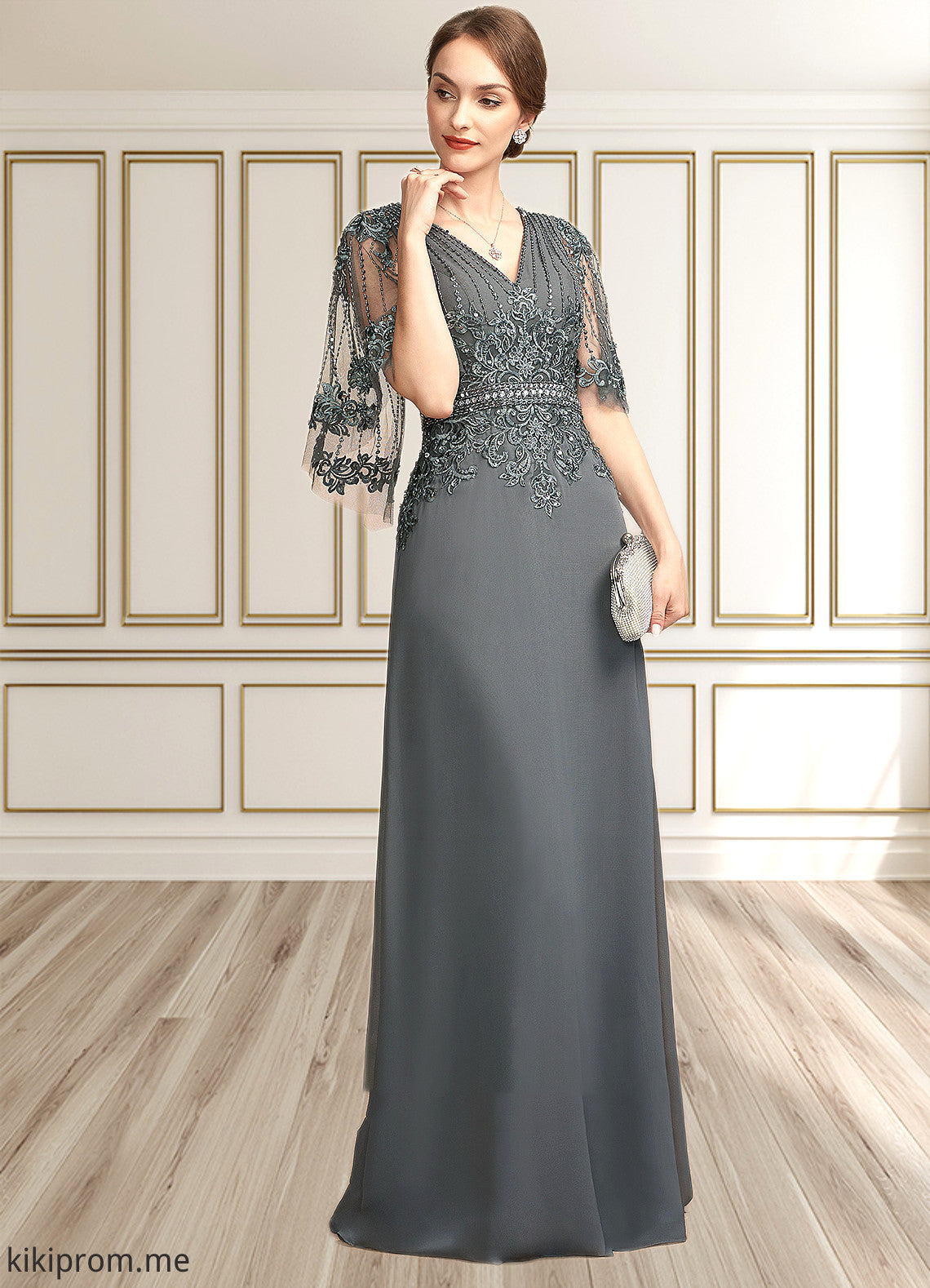 Sadie A-Line V-neck Floor-Length Chiffon Lace Mother of the Bride Dress With Beading Sequins STF126P0014674