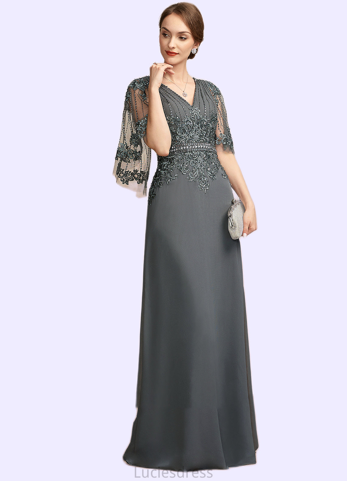 Emily A-Line V-neck Floor-Length Chiffon Lace Mother of the Bride Dress With Beading Sequins HF126P0014674