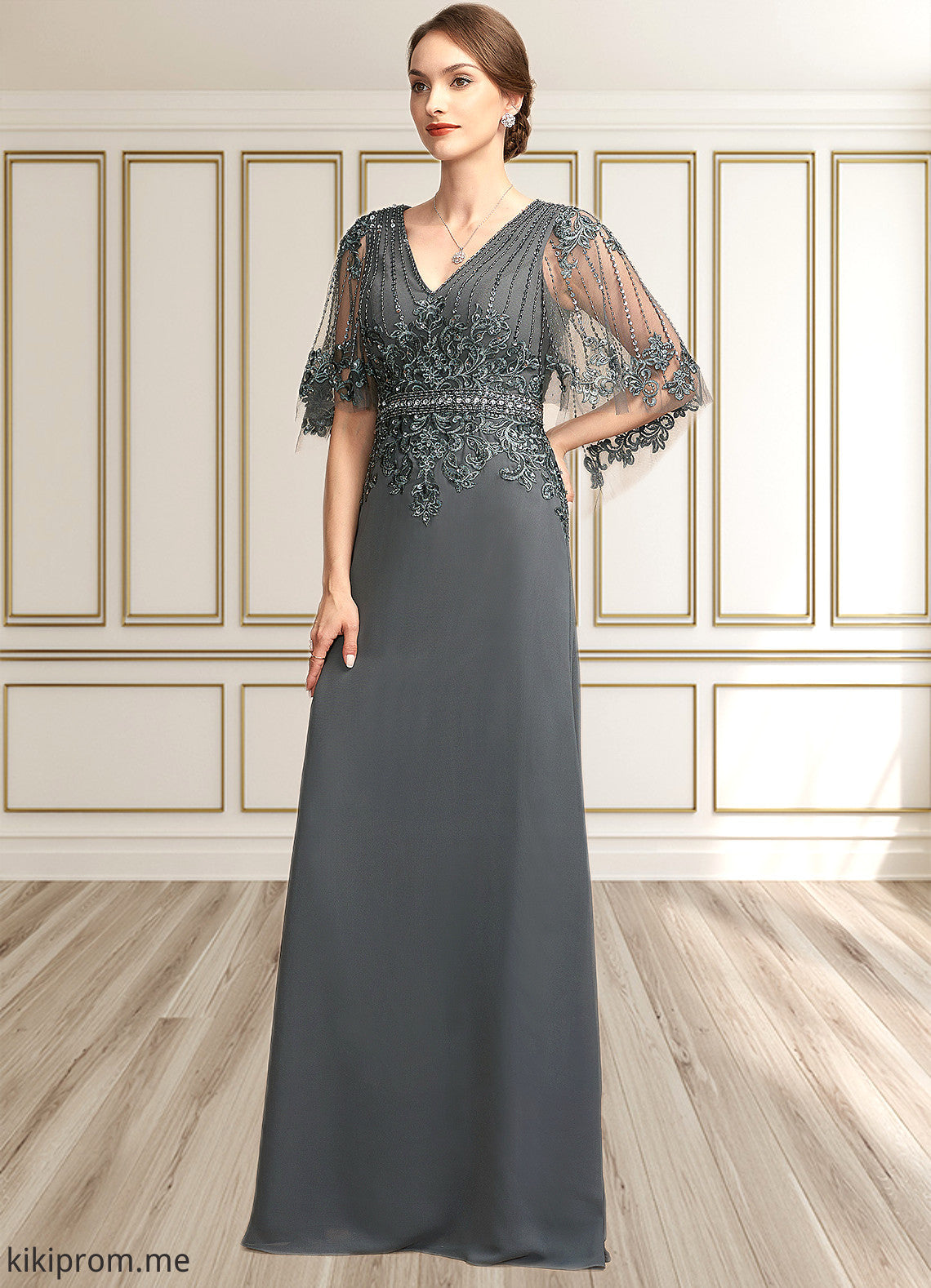 Sadie A-Line V-neck Floor-Length Chiffon Lace Mother of the Bride Dress With Beading Sequins STF126P0014674