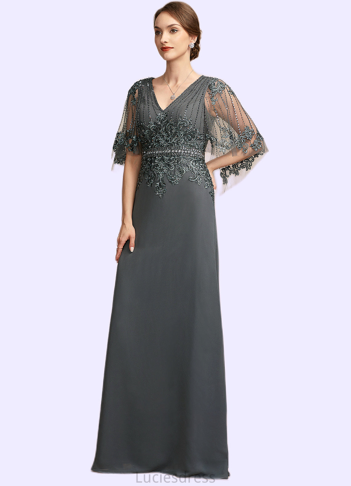 Emily A-Line V-neck Floor-Length Chiffon Lace Mother of the Bride Dress With Beading Sequins HF126P0014674