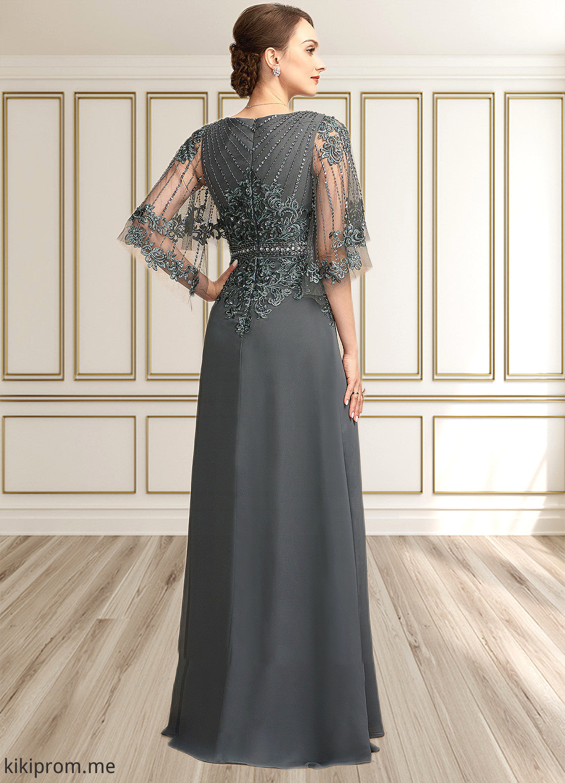 Sadie A-Line V-neck Floor-Length Chiffon Lace Mother of the Bride Dress With Beading Sequins STF126P0014674