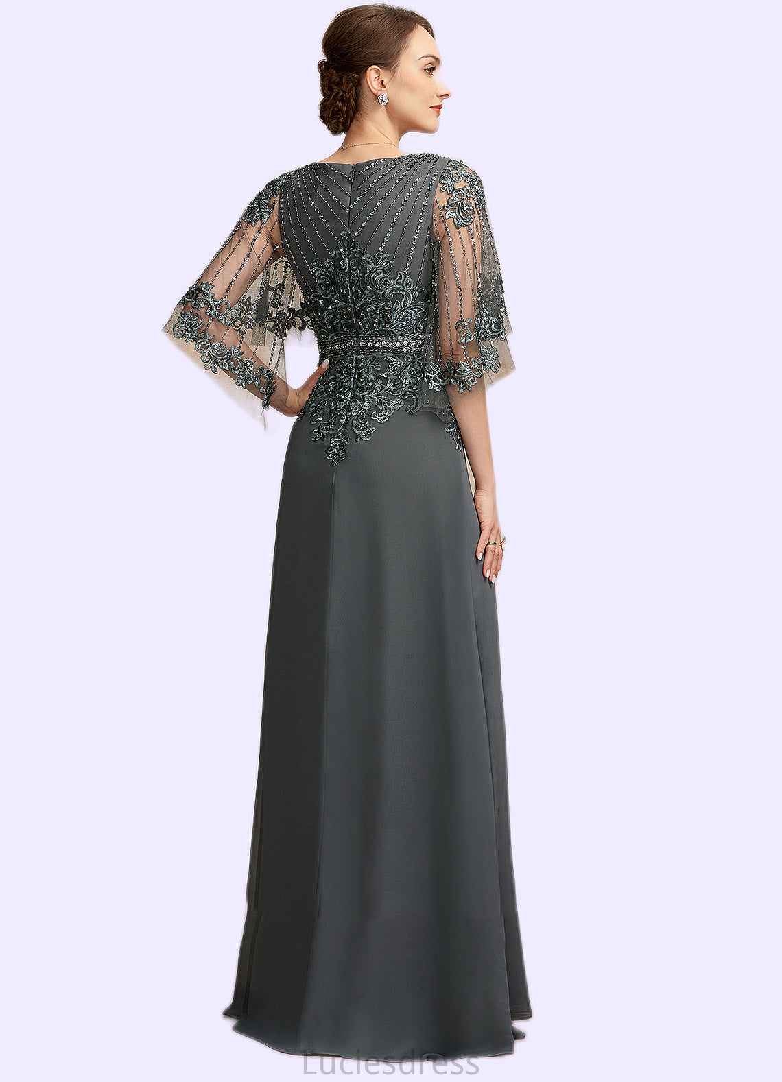 Emily A-Line V-neck Floor-Length Chiffon Lace Mother of the Bride Dress With Beading Sequins HF126P0014674