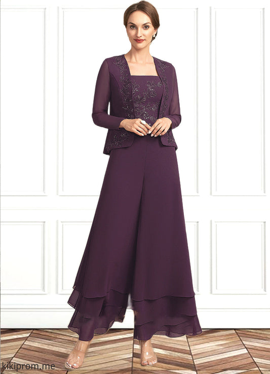 Brylee Jumpsuit/Pantsuit Square Neckline Ankle-Length Chiffon Lace Mother of the Bride Dress With Sequins STF126P0014676