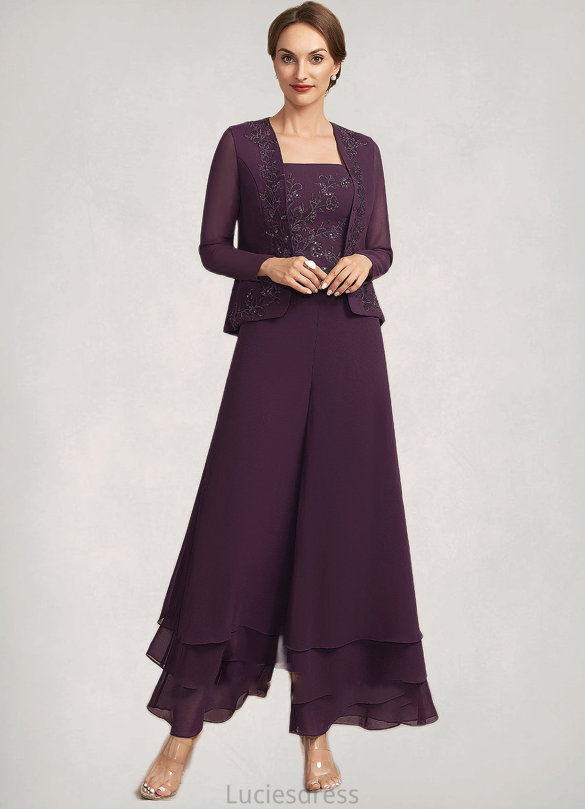 Kenley Jumpsuit/Pantsuit Square Neckline Ankle-Length Chiffon Lace Mother of the Bride Dress With Sequins HF126P0014676