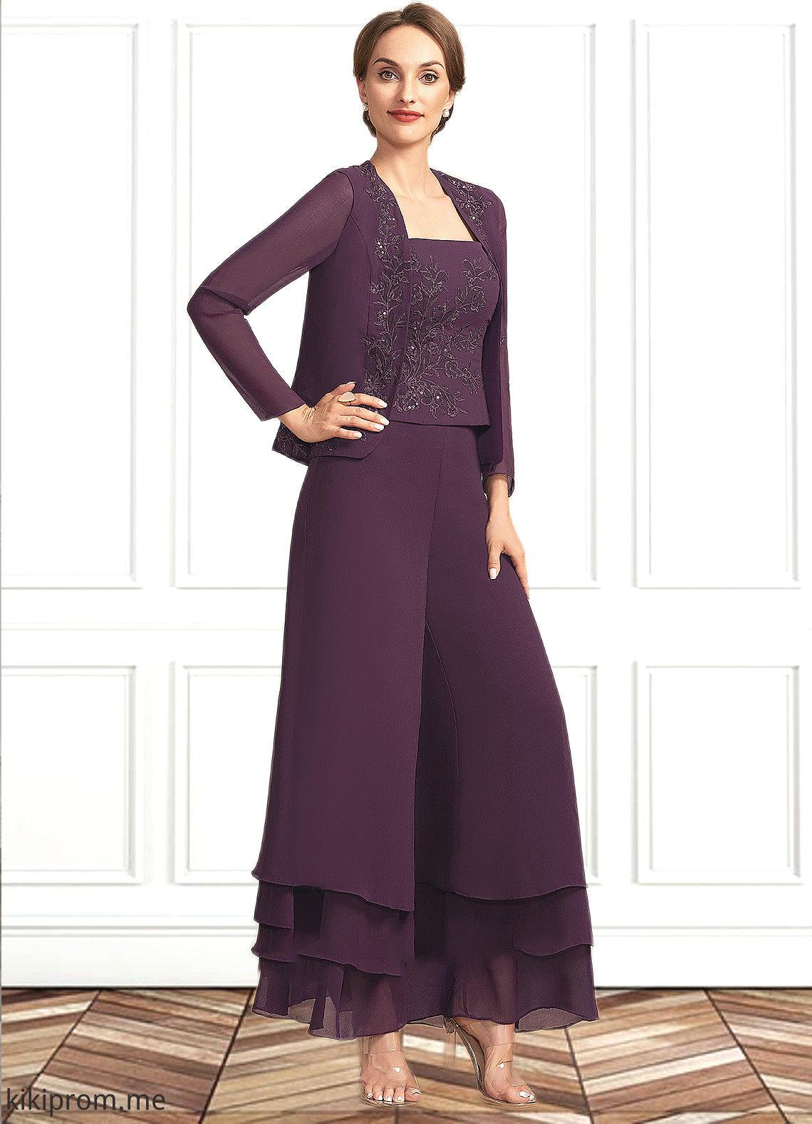 Brylee Jumpsuit/Pantsuit Square Neckline Ankle-Length Chiffon Lace Mother of the Bride Dress With Sequins STF126P0014676