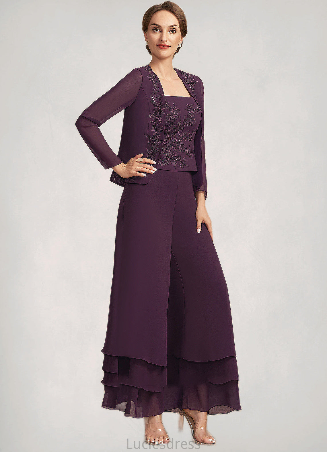 Kenley Jumpsuit/Pantsuit Square Neckline Ankle-Length Chiffon Lace Mother of the Bride Dress With Sequins HF126P0014676