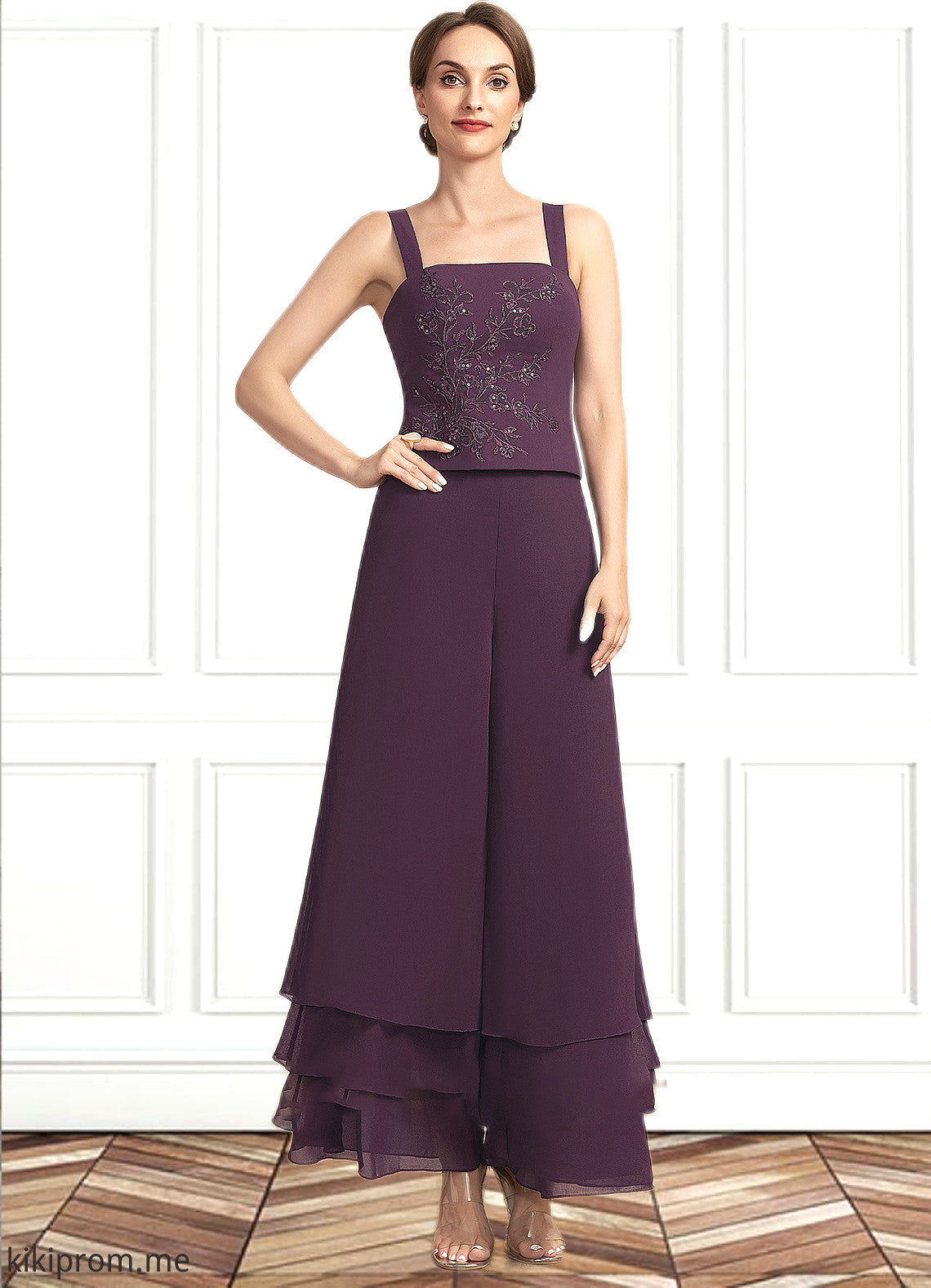 Brylee Jumpsuit/Pantsuit Square Neckline Ankle-Length Chiffon Lace Mother of the Bride Dress With Sequins STF126P0014676