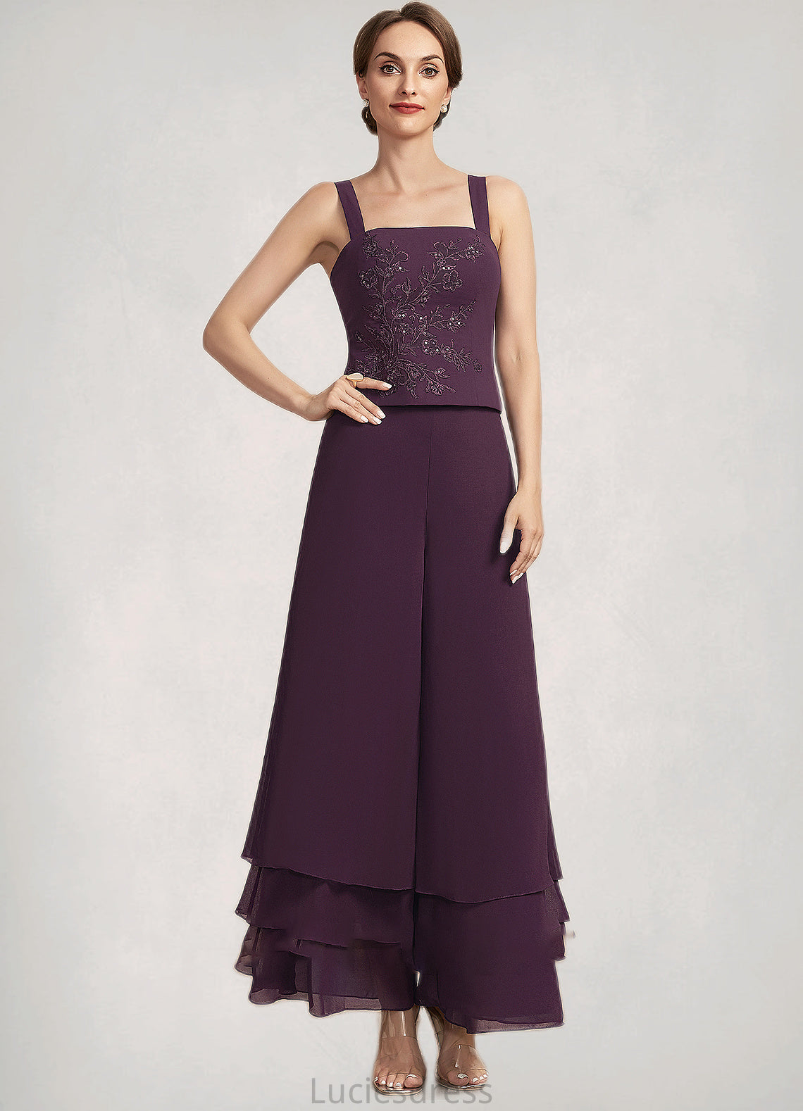 Kenley Jumpsuit/Pantsuit Square Neckline Ankle-Length Chiffon Lace Mother of the Bride Dress With Sequins HF126P0014676