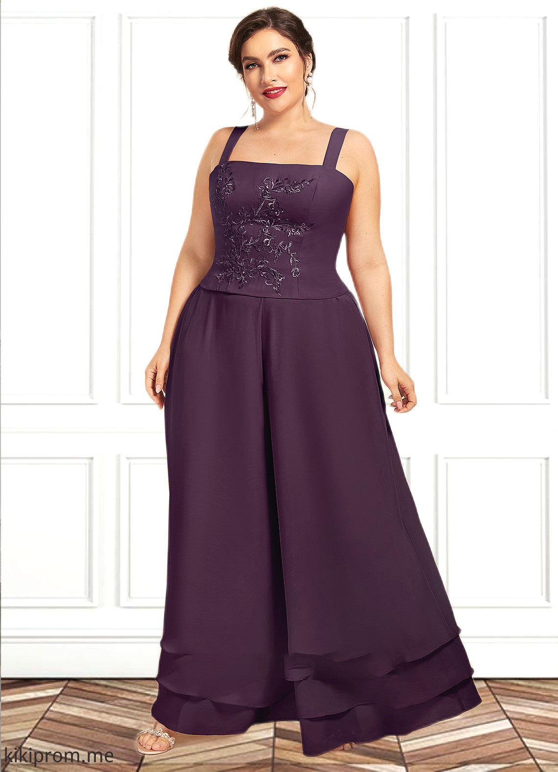 Brylee Jumpsuit/Pantsuit Square Neckline Ankle-Length Chiffon Lace Mother of the Bride Dress With Sequins STF126P0014676