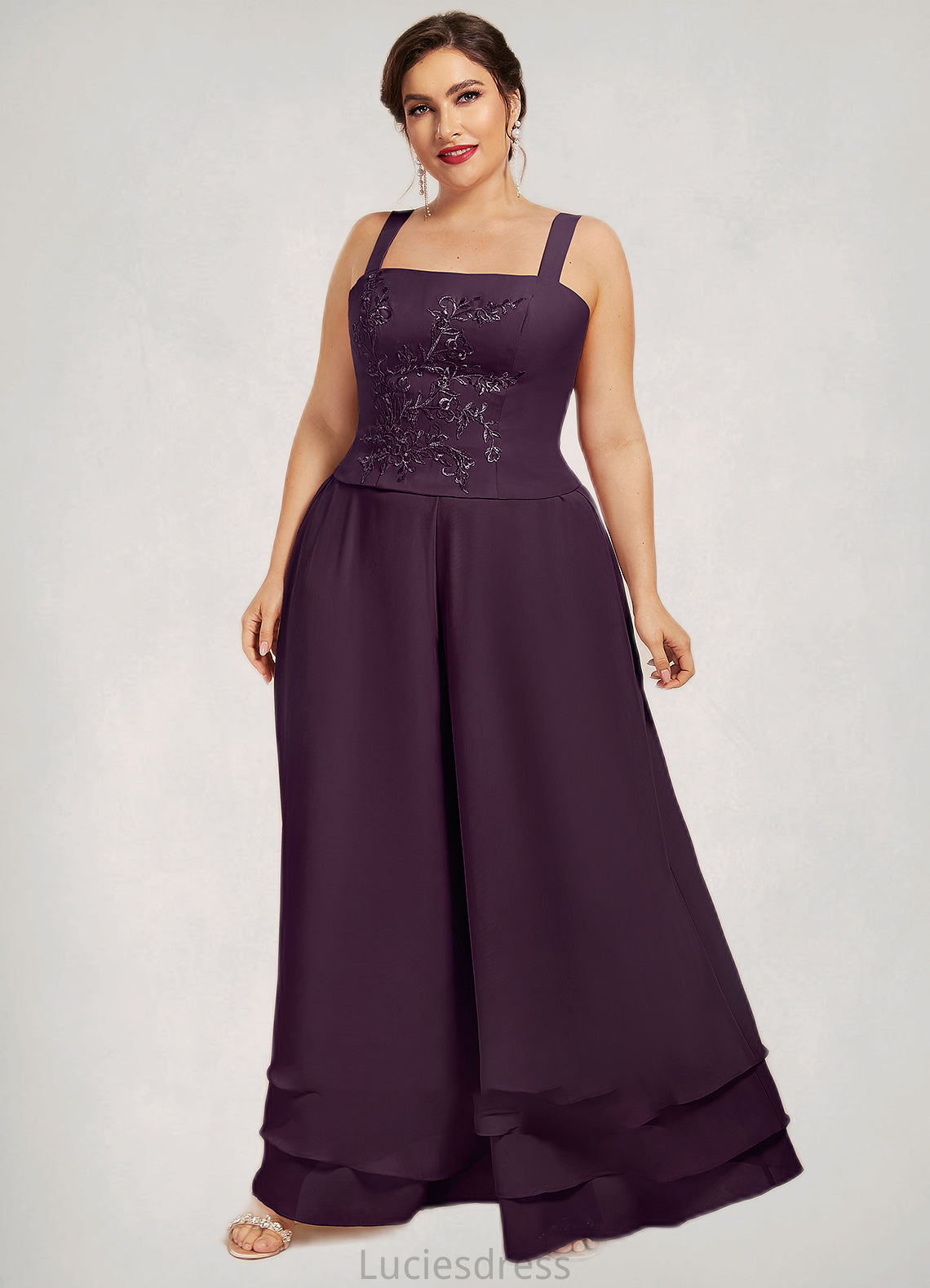 Kenley Jumpsuit/Pantsuit Square Neckline Ankle-Length Chiffon Lace Mother of the Bride Dress With Sequins HF126P0014676